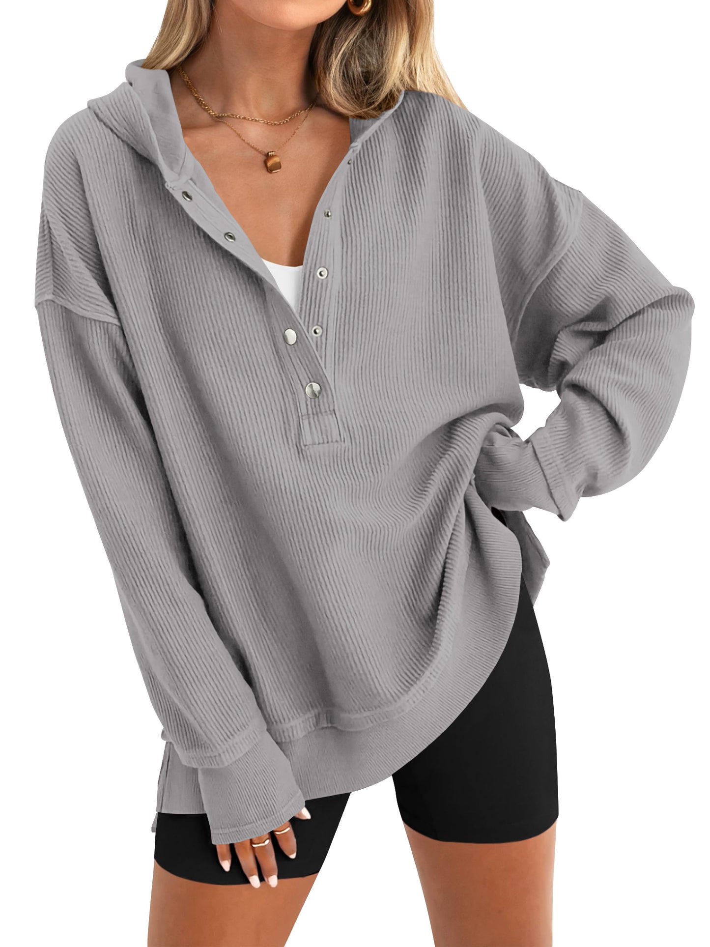 SWQZVT Womens Sweatshirt Fall Button Up V Neck Long Sleeve Hooded Tops Casual Fashion Side Slit Womens Hoodies Pullover