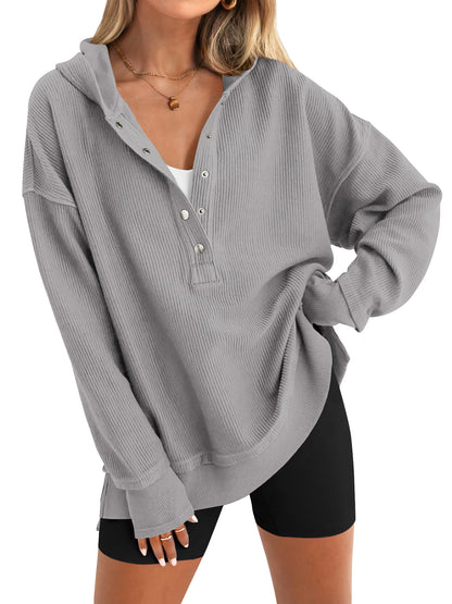 SWQZVT Womens Sweatshirt Fall Button Up V Neck Long Sleeve Hooded Tops Casual Fashion Side Slit Womens Hoodies Pullover