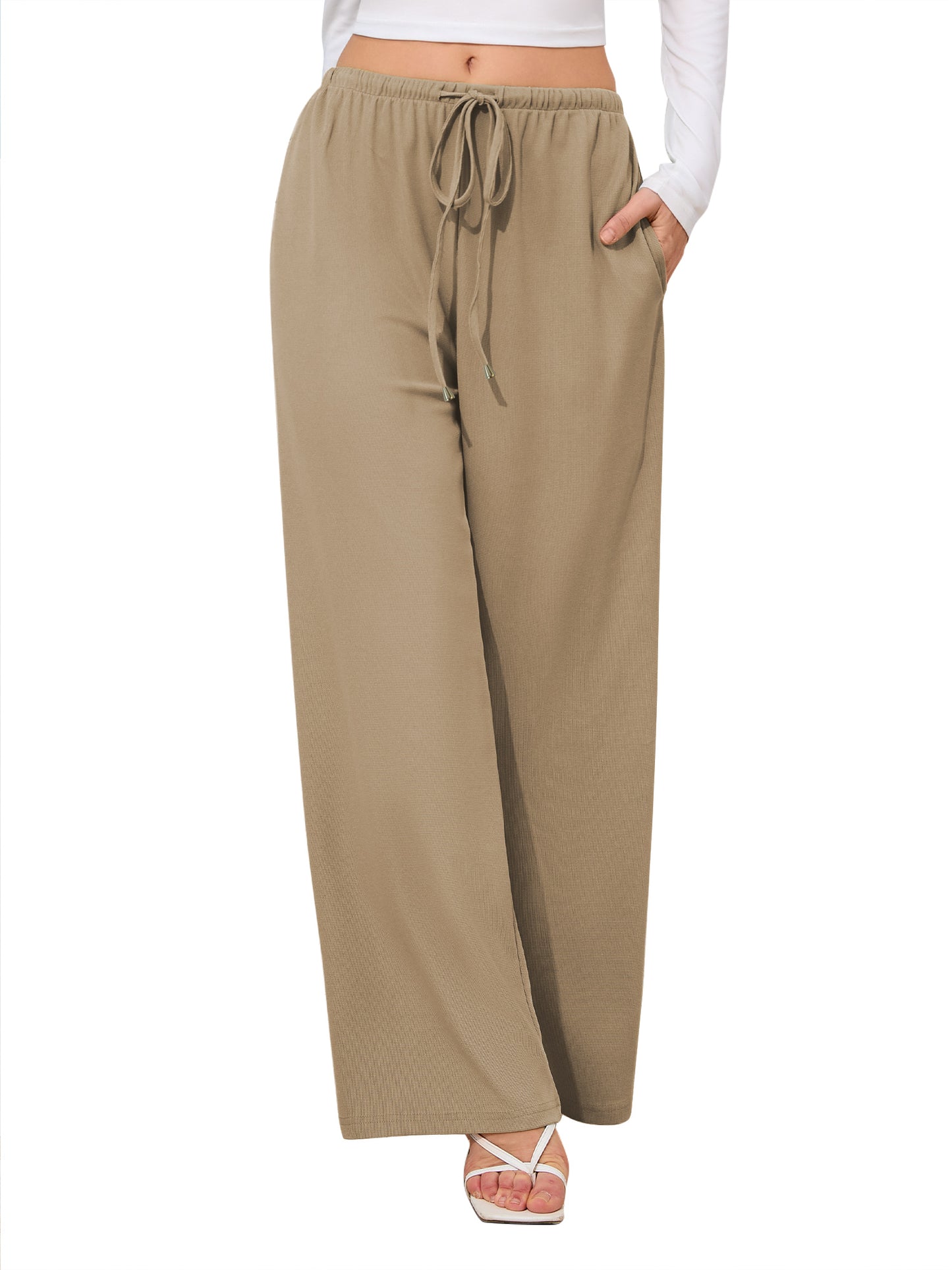 SWQZVT Womens Pants Waffle Wide Leg Casual Pants for Women Loose Drawstring Lounge Pants Ladies Knit Comfy Pant
