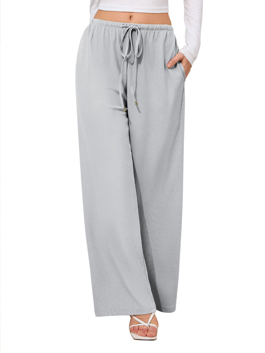 SWQZVT Womens Pants Waffle Wide Leg Casual Pants for Women Loose Drawstring Lounge Pants Ladies Knit Comfy Pant