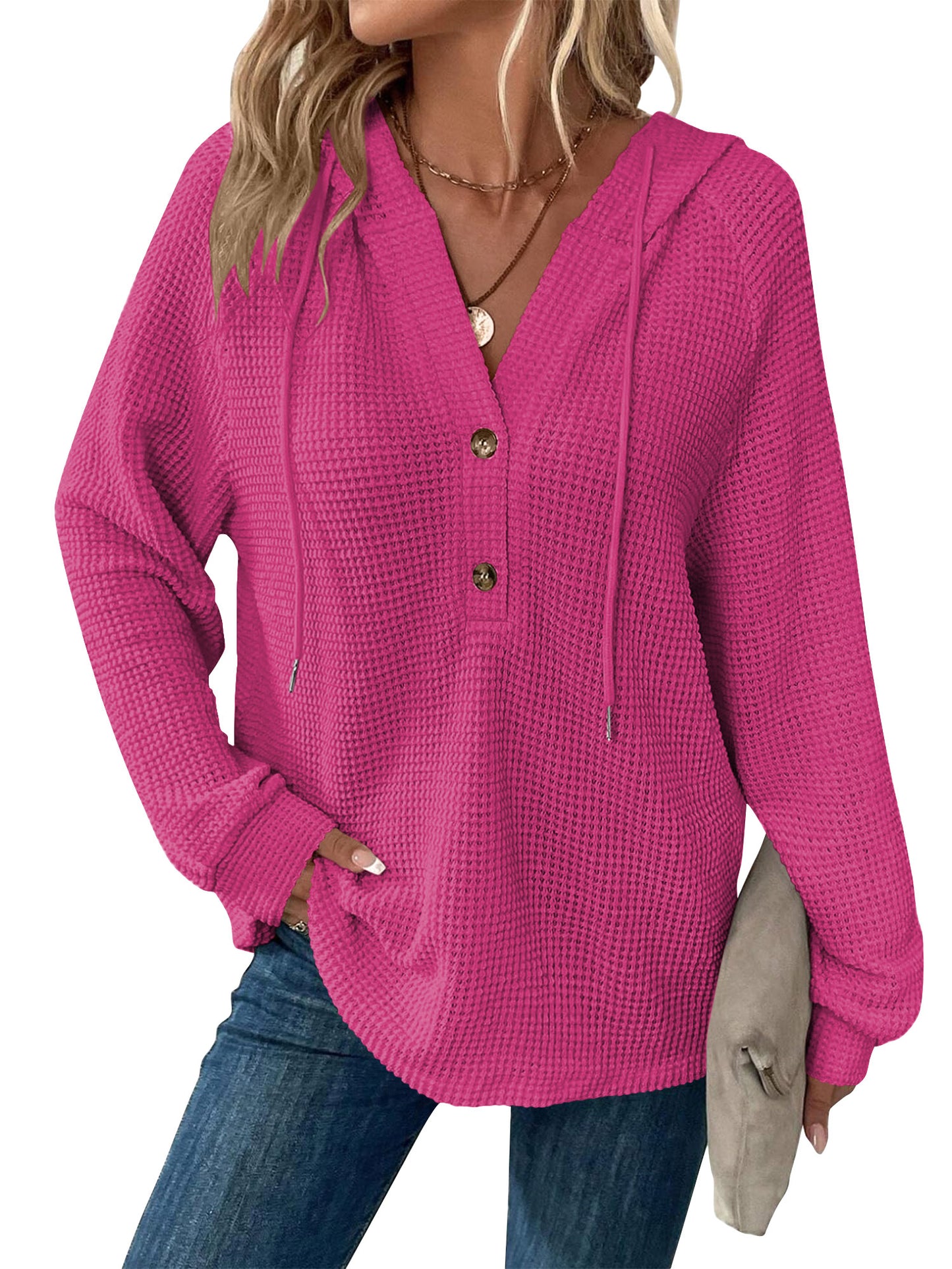 TEMOFON Hoodies for Women Long Sleeve Waffle Pullover Sweatshirts Casual V Neck Comfy Hoody Fall Ladies Trendy Button Tops