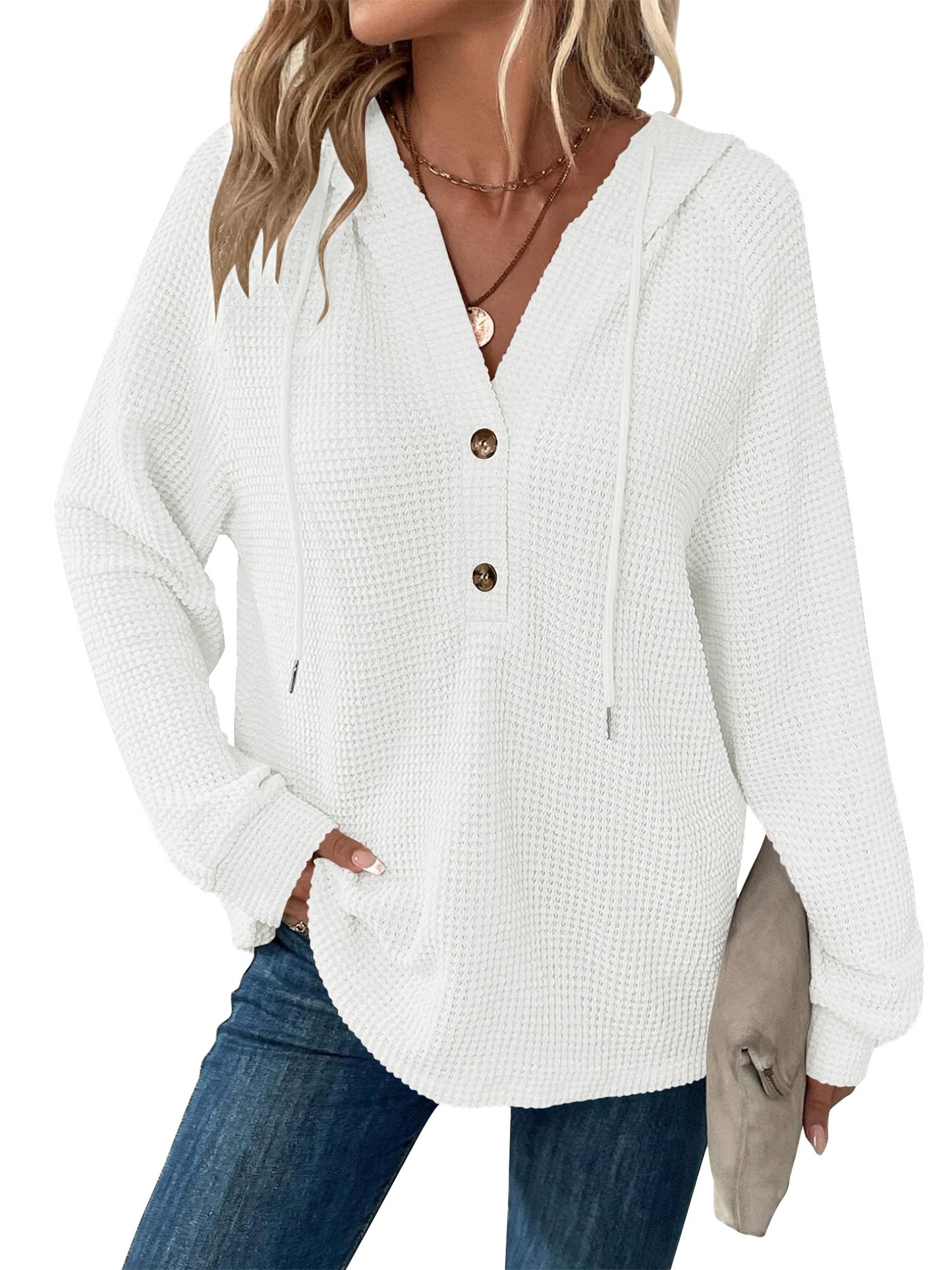 TEMOFON Hoodies for Women Long Sleeve Waffle Pullover Sweatshirts Casual V Neck Comfy Hoody Fall Ladies Trendy Button Tops