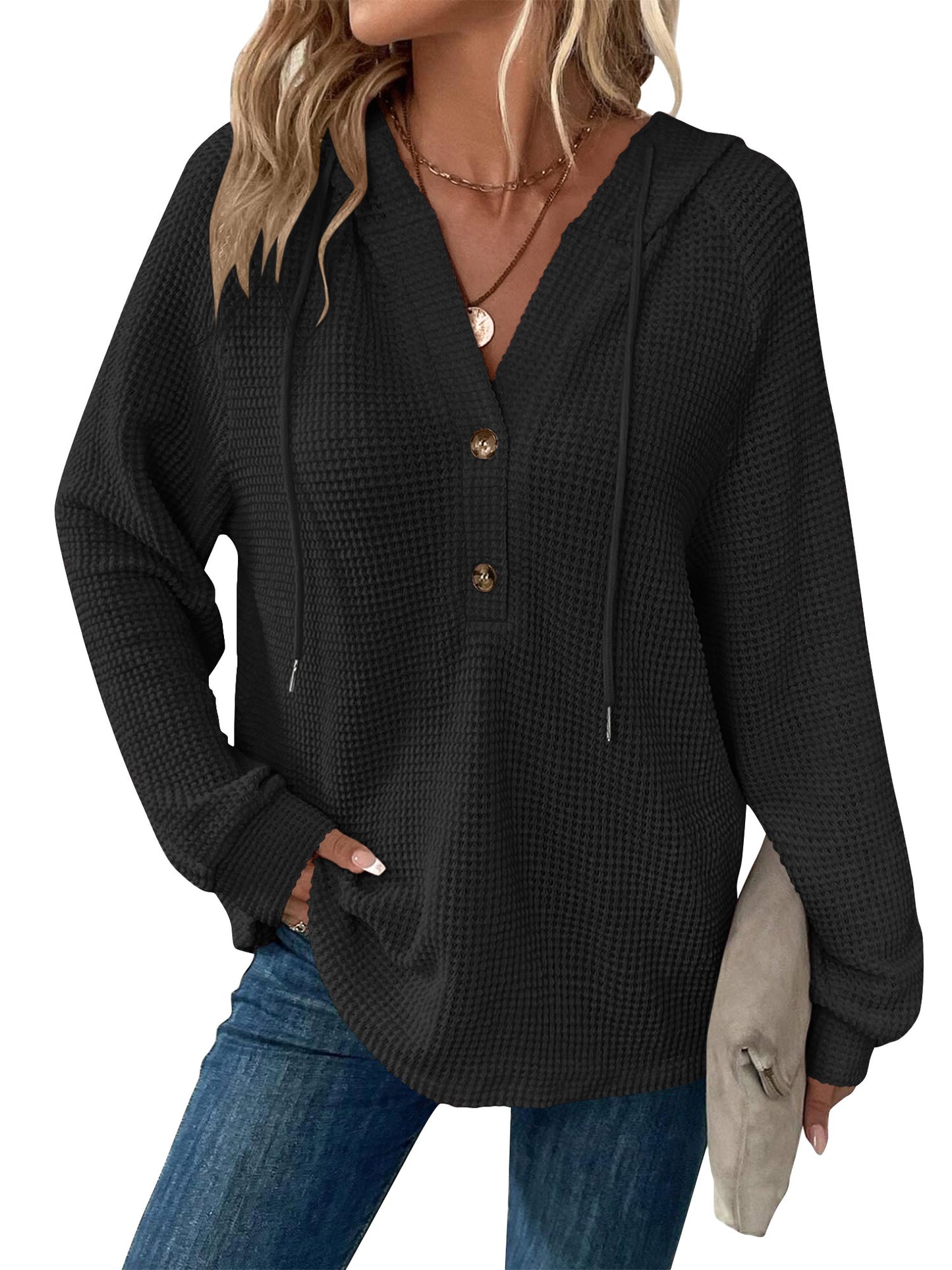 TEMOFON Hoodies for Women Long Sleeve Waffle Pullover Sweatshirts Casual V Neck Comfy Hoody Fall Ladies Trendy Button Tops