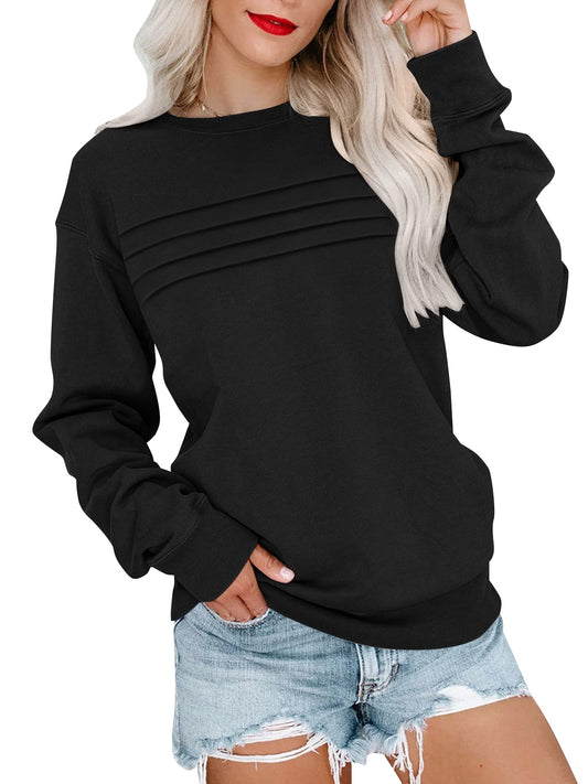 SWQZVT Sweatshirts for Women Long Sleeve Casual Pullover Tops Crewneck Fall Pleated Fashion Womens Sweatshirt