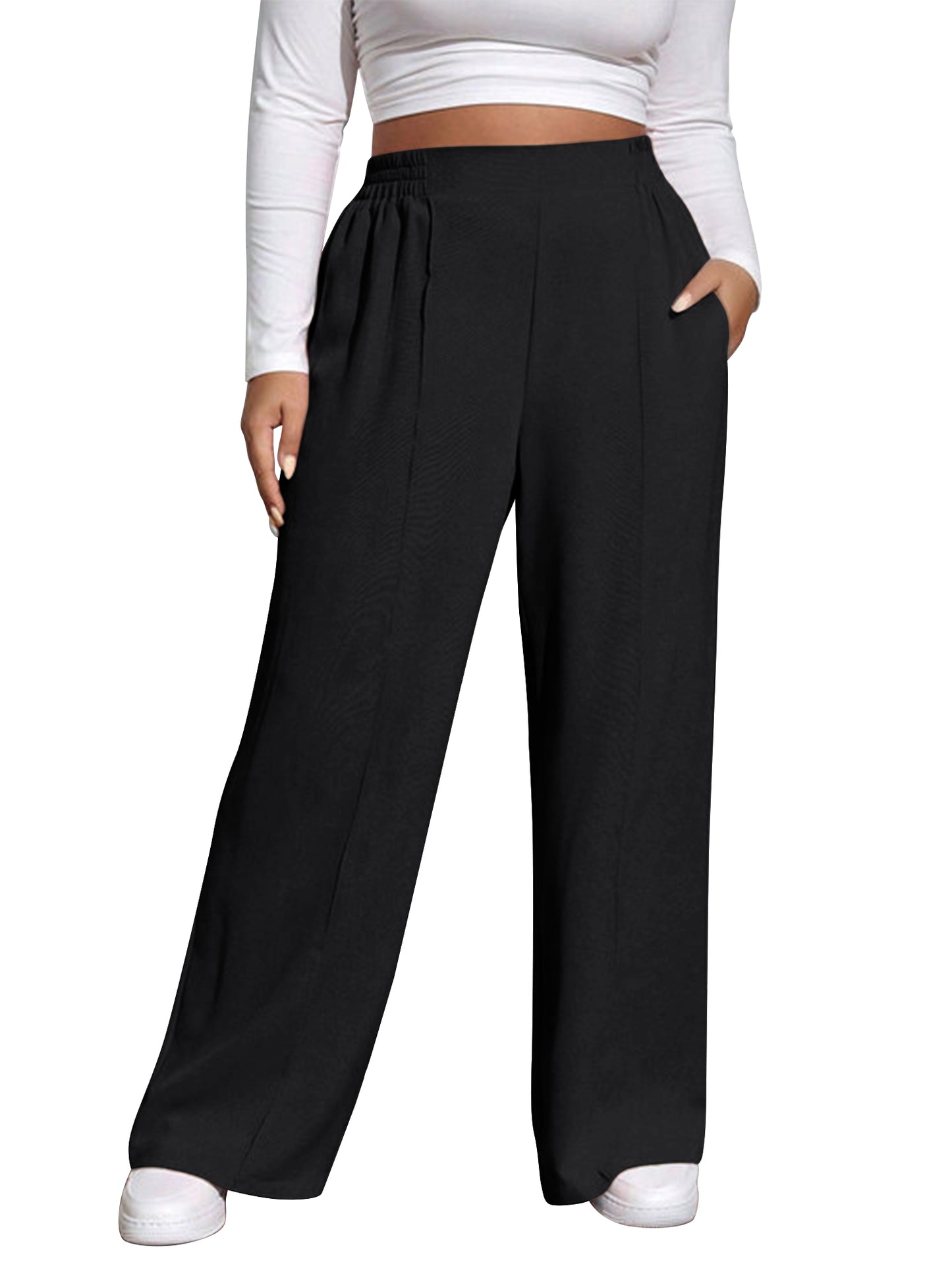SWQZVT Womens Plus Size Pants Elastic Waisted Wide Leg Casual Pants for Women Comfort Loose Lounge Trousers with Pockets