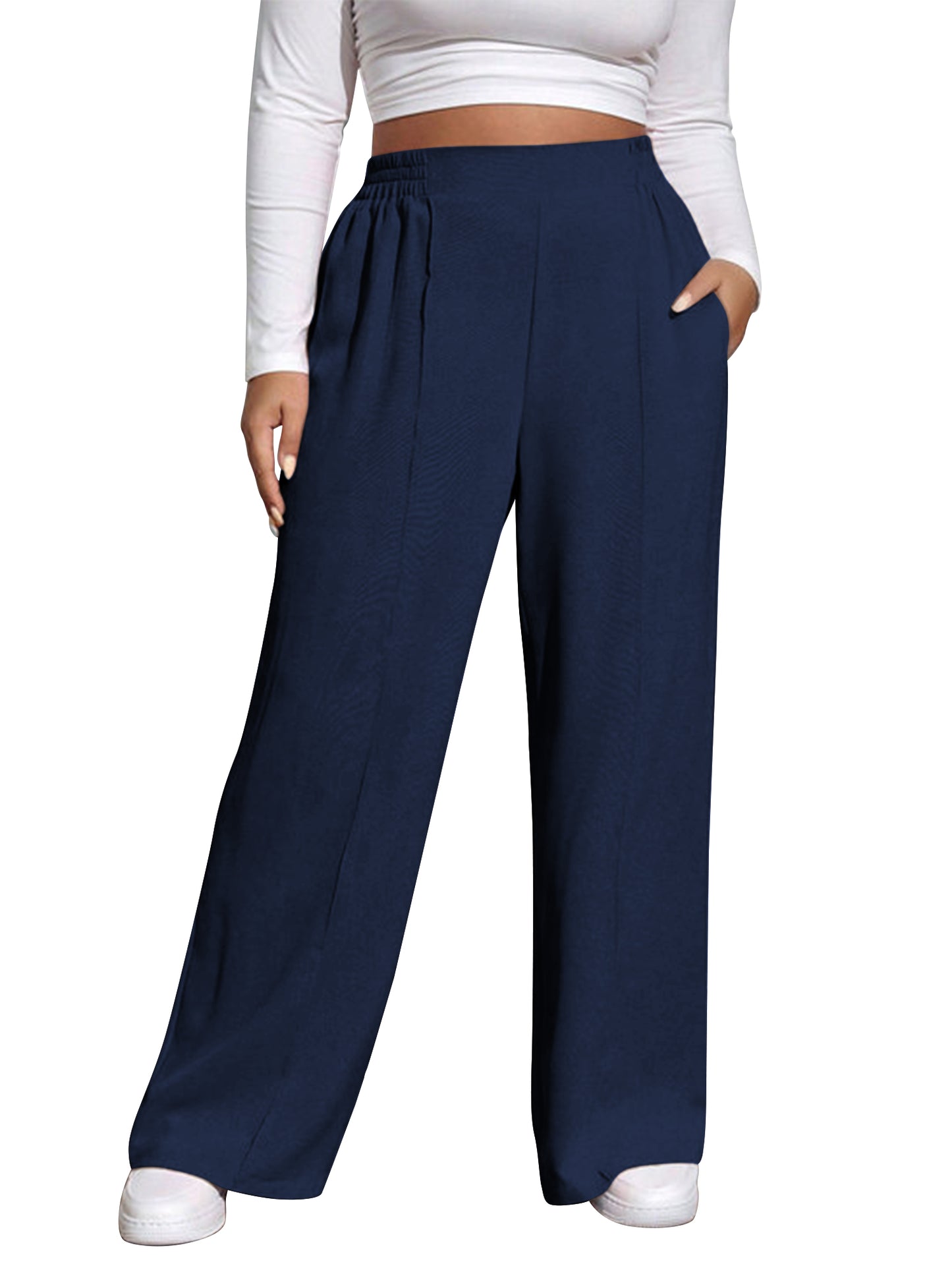 SWQZVT Womens Plus Size Pants Elastic Waisted Wide Leg Casual Pants for Women Comfort Loose Lounge Trousers with Pockets