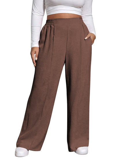 SWQZVT Womens Plus Size Pants Elastic Waisted Wide Leg Casual Pants for Women Comfort Loose Lounge Trousers with Pockets