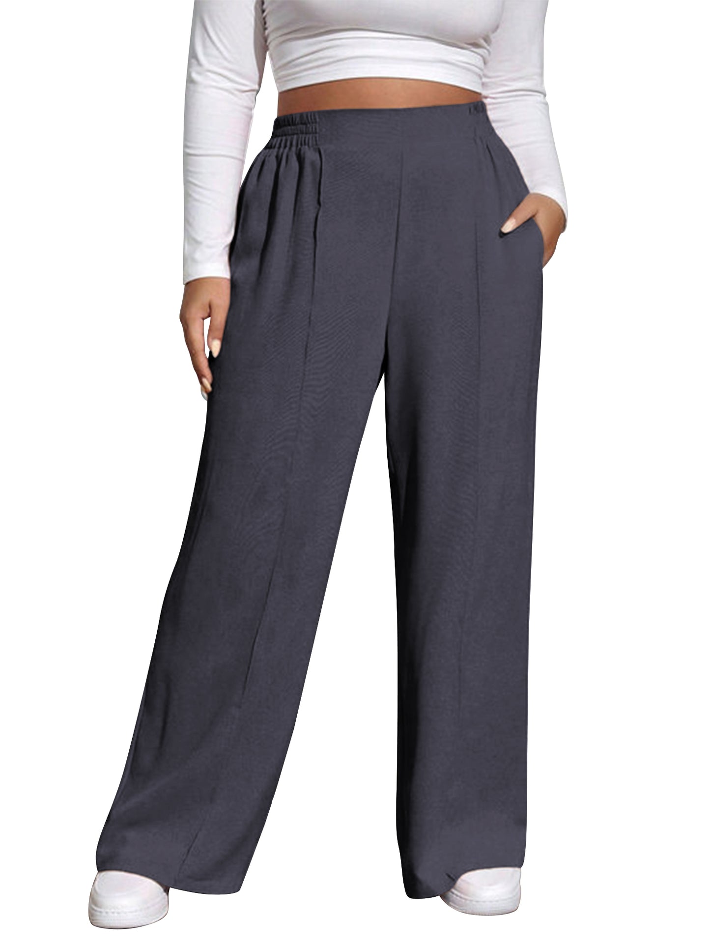 SWQZVT Womens Plus Size Pants Elastic Waisted Wide Leg Casual Pants for Women Comfort Loose Lounge Trousers with Pockets