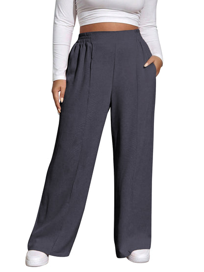 SWQZVT Womens Plus Size Pants Elastic Waisted Wide Leg Casual Pants for Women Comfort Loose Lounge Trousers with Pockets