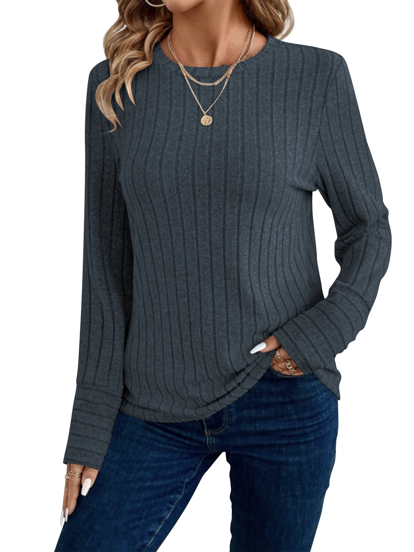 SHIBEVER Womens Tops Fall Long Sleeve Shirts for Women Round Neck Shirts Lightweight Tops for Women Trendy Basic Winter Clothes Blue