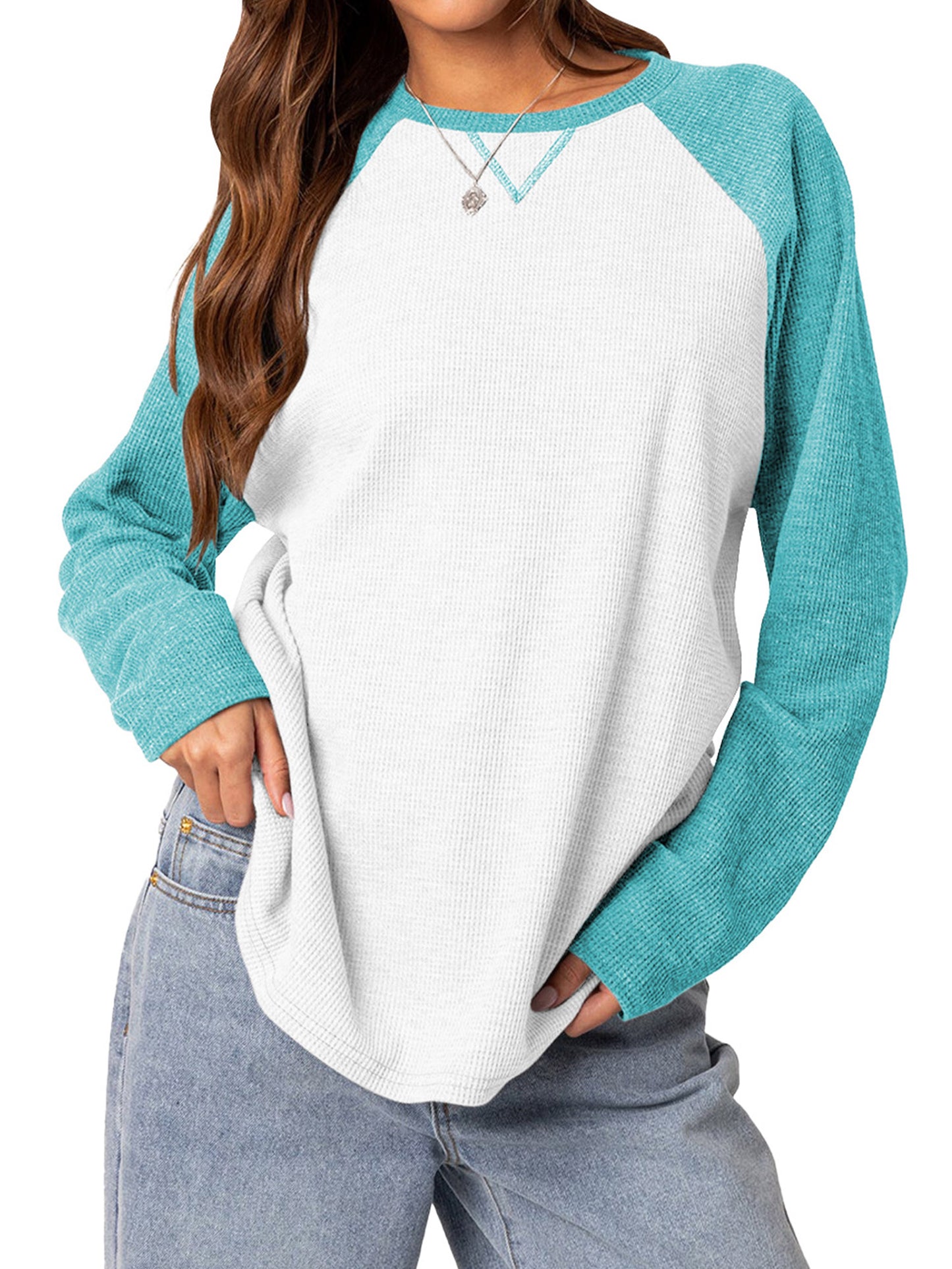 TEMOFON Womens Casual Sweatshirts Shirts: Fall Long Sleeve Crewneck Color Block Tops Loose Waffle Fashion Pullover Sweatshirt