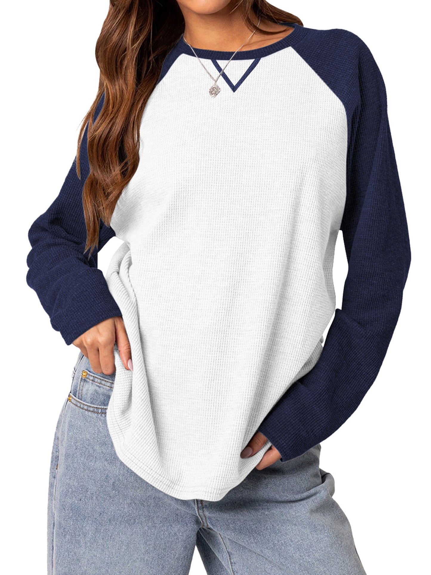 TEMOFON Womens Casual Sweatshirts Shirts: Fall Long Sleeve Crewneck Color Block Tops Loose Waffle Fashion Pullover Sweatshirt