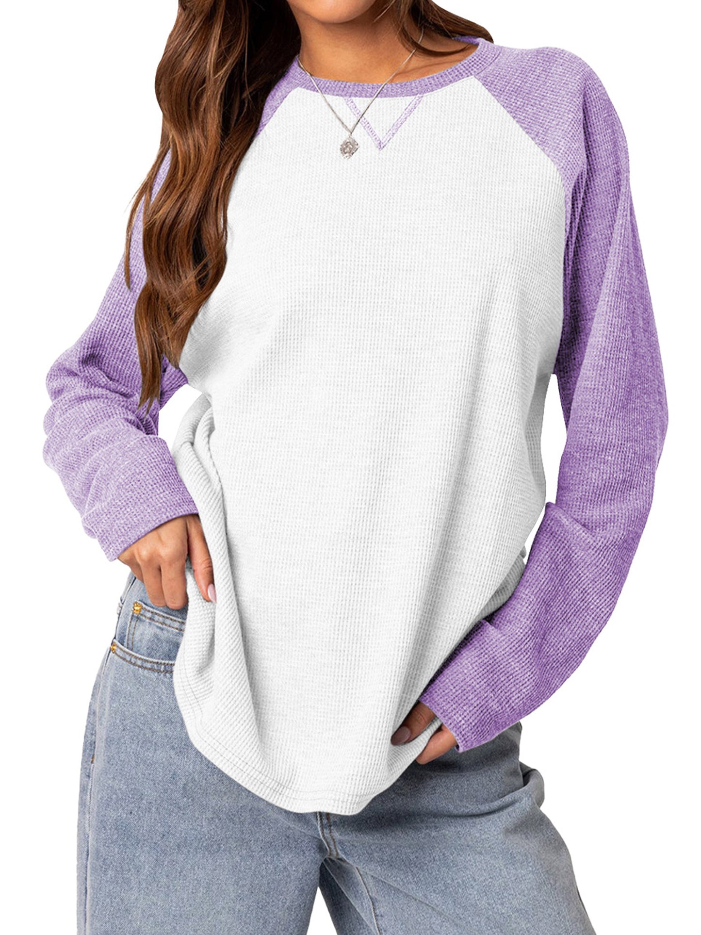 TEMOFON Womens Casual Sweatshirts Shirts: Fall Long Sleeve Crewneck Color Block Tops Loose Waffle Fashion Pullover Sweatshirt