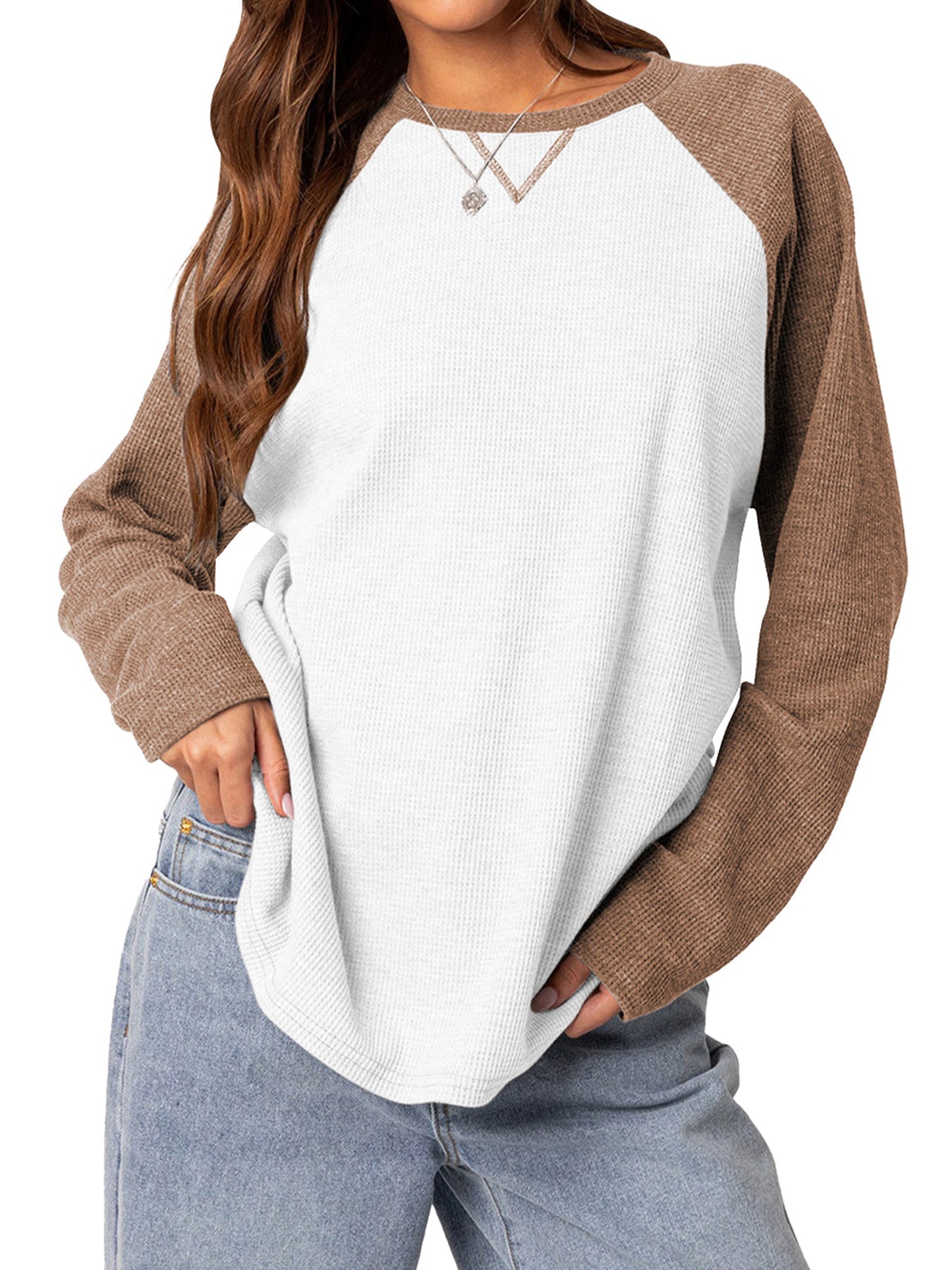 TEMOFON Womens Casual Sweatshirts Shirts: Fall Long Sleeve Crewneck Color Block Tops Loose Waffle Fashion Pullover Sweatshirt