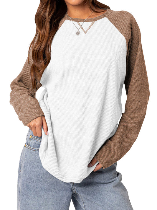 TEMOFON Womens Casual Sweatshirts Shirts: Fall Long Sleeve Crewneck Color Block Tops Loose Waffle Fashion Pullover Sweatshirt