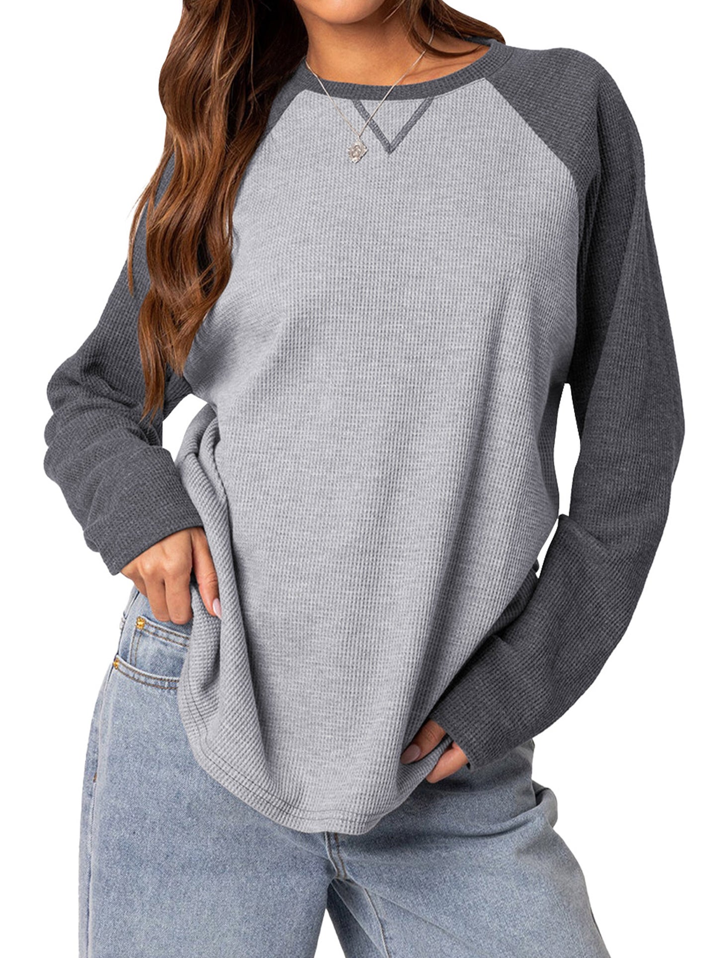 TEMOFON Womens Casual Sweatshirts Shirts: Fall Long Sleeve Crewneck Color Block Tops Loose Waffle Fashion Pullover Sweatshirt
