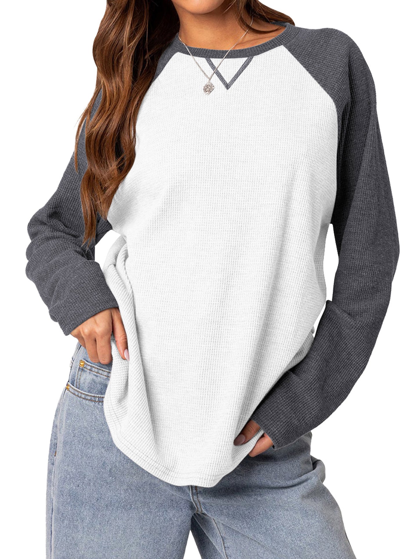TEMOFON Womens Casual Sweatshirts Shirts: Fall Long Sleeve Crewneck Color Block Tops Loose Waffle Fashion Pullover Sweatshirt