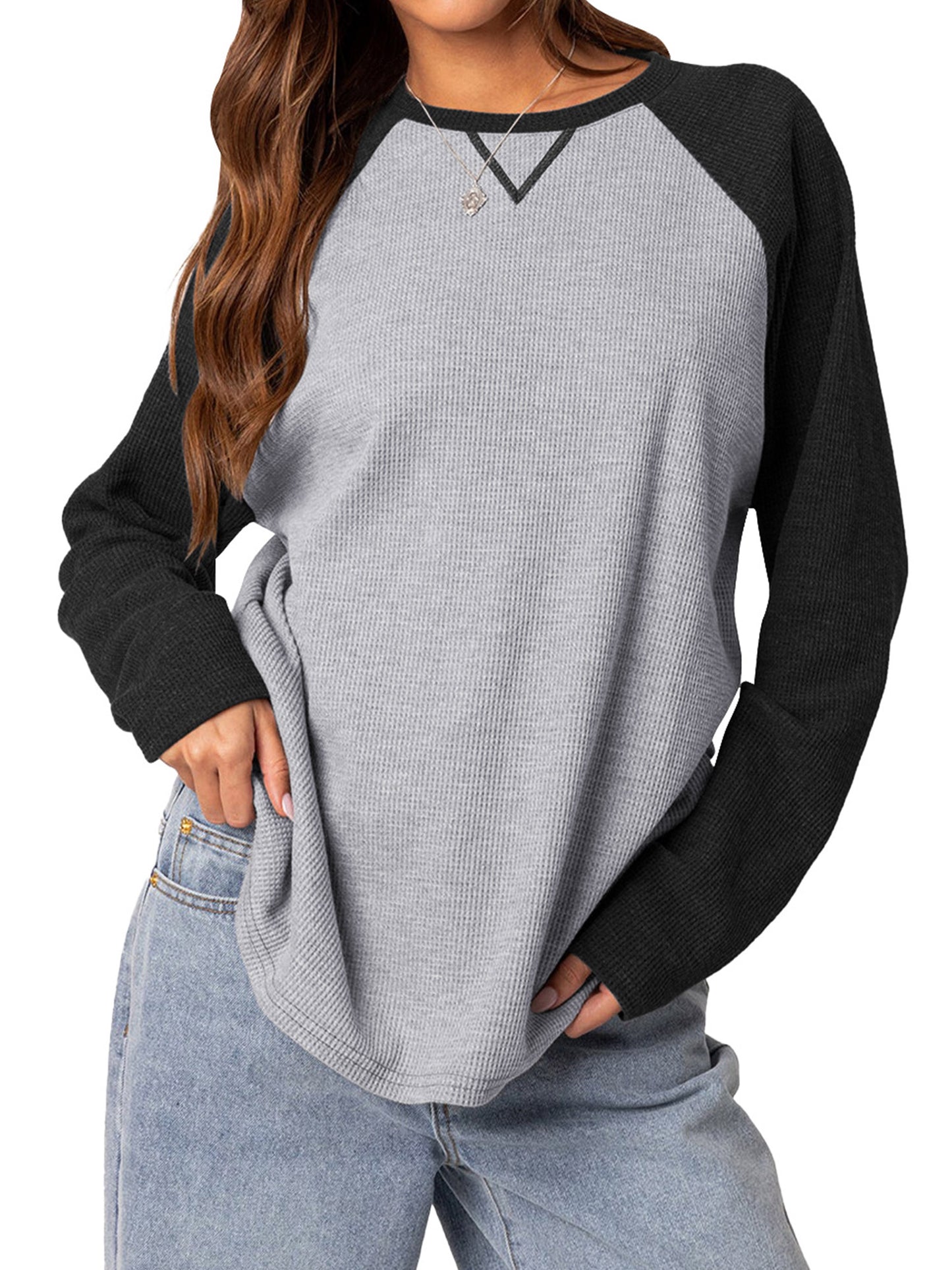TEMOFON Womens Casual Sweatshirts Shirts: Fall Long Sleeve Crewneck Color Block Tops Loose Waffle Fashion Pullover Sweatshirt