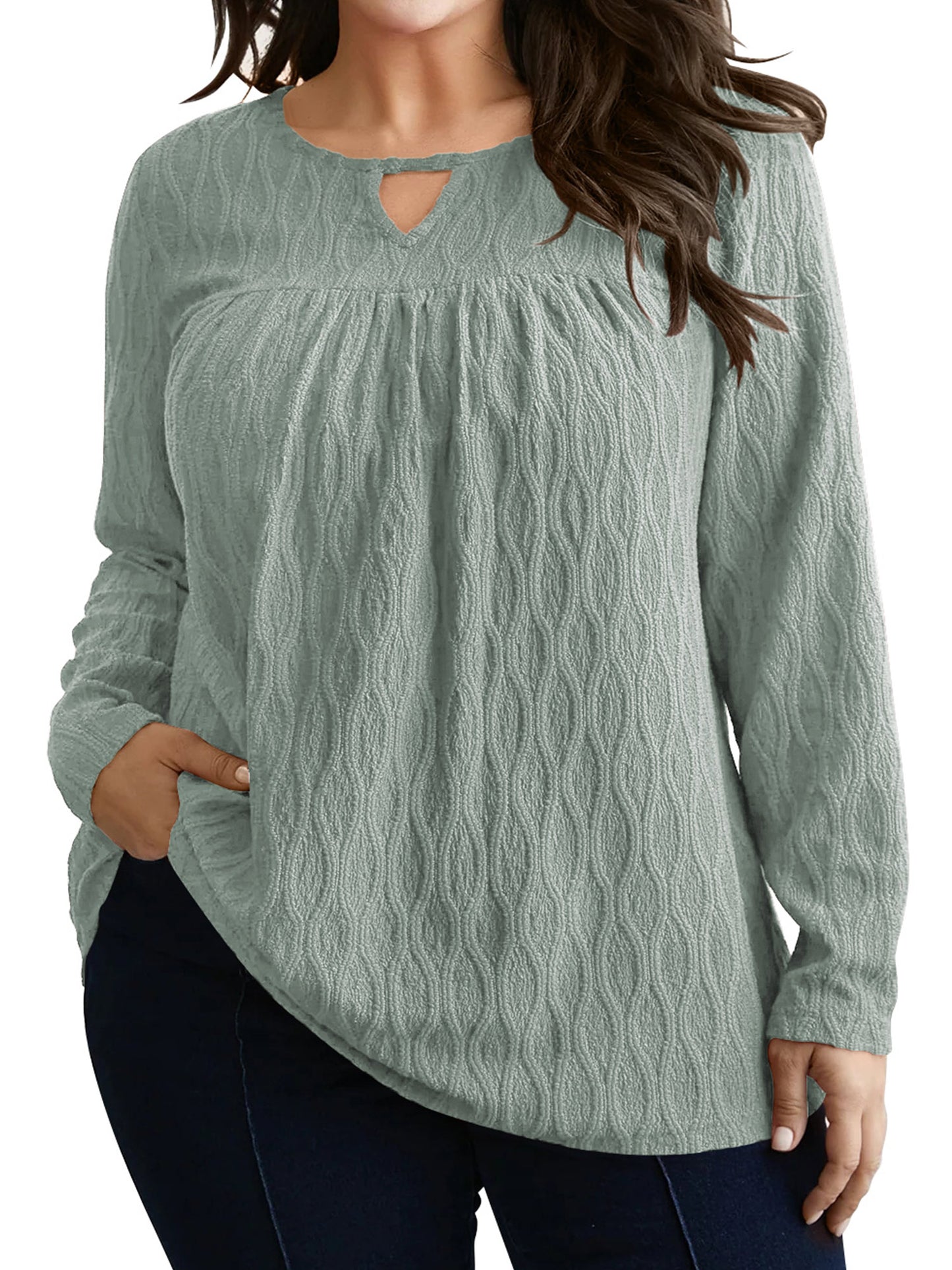 LANREMON Womens Plus Size Tops Long Sleeve Shirts V Neck Textured Keyhole Gathered Knit Tunic Loose Fall Blouses
