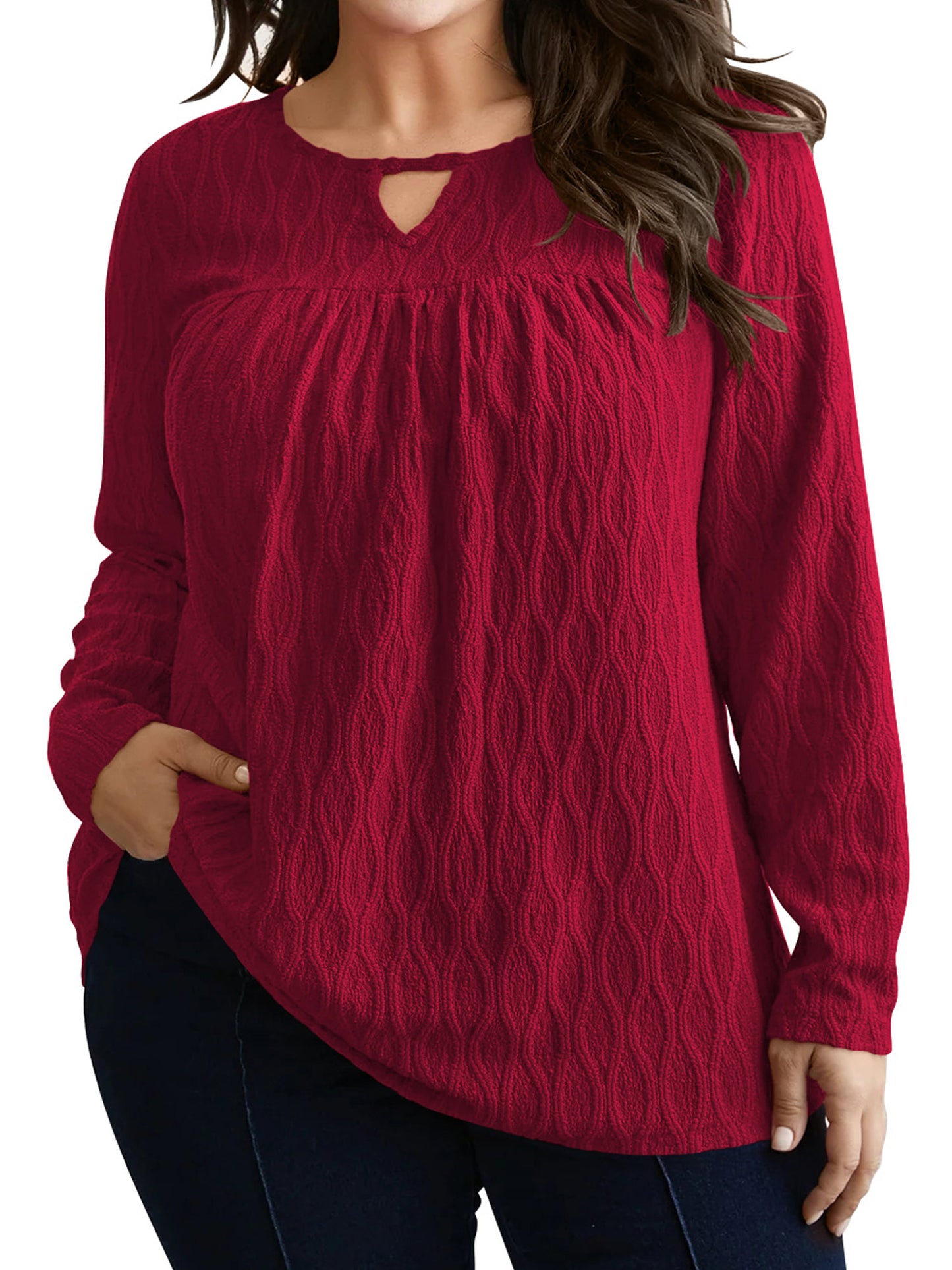 LANREMON Womens Plus Size Tops Long Sleeve Shirts V Neck Textured Keyhole Gathered Knit Tunic Loose Fall Blouses