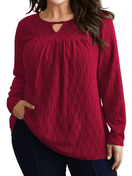 LANREMON Womens Plus Size Tops Long Sleeve Shirts V Neck Textured Keyhole Gathered Knit Tunic Loose Fall Blouses