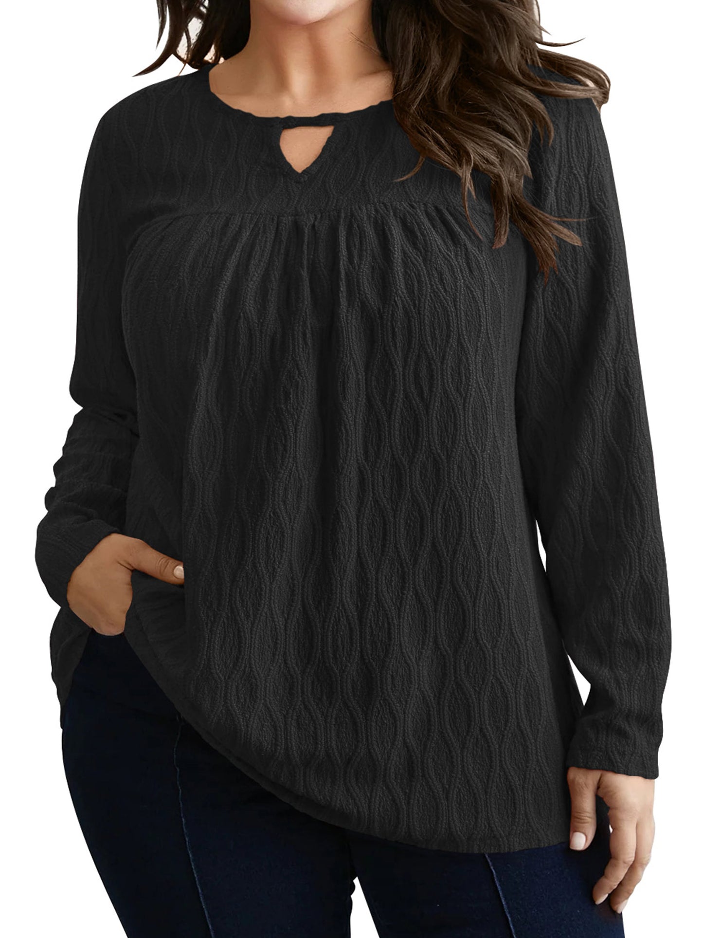 LANREMON Womens Plus Size Tops Long Sleeve Shirts V Neck Textured Keyhole Gathered Knit Tunic Loose Fall Blouses