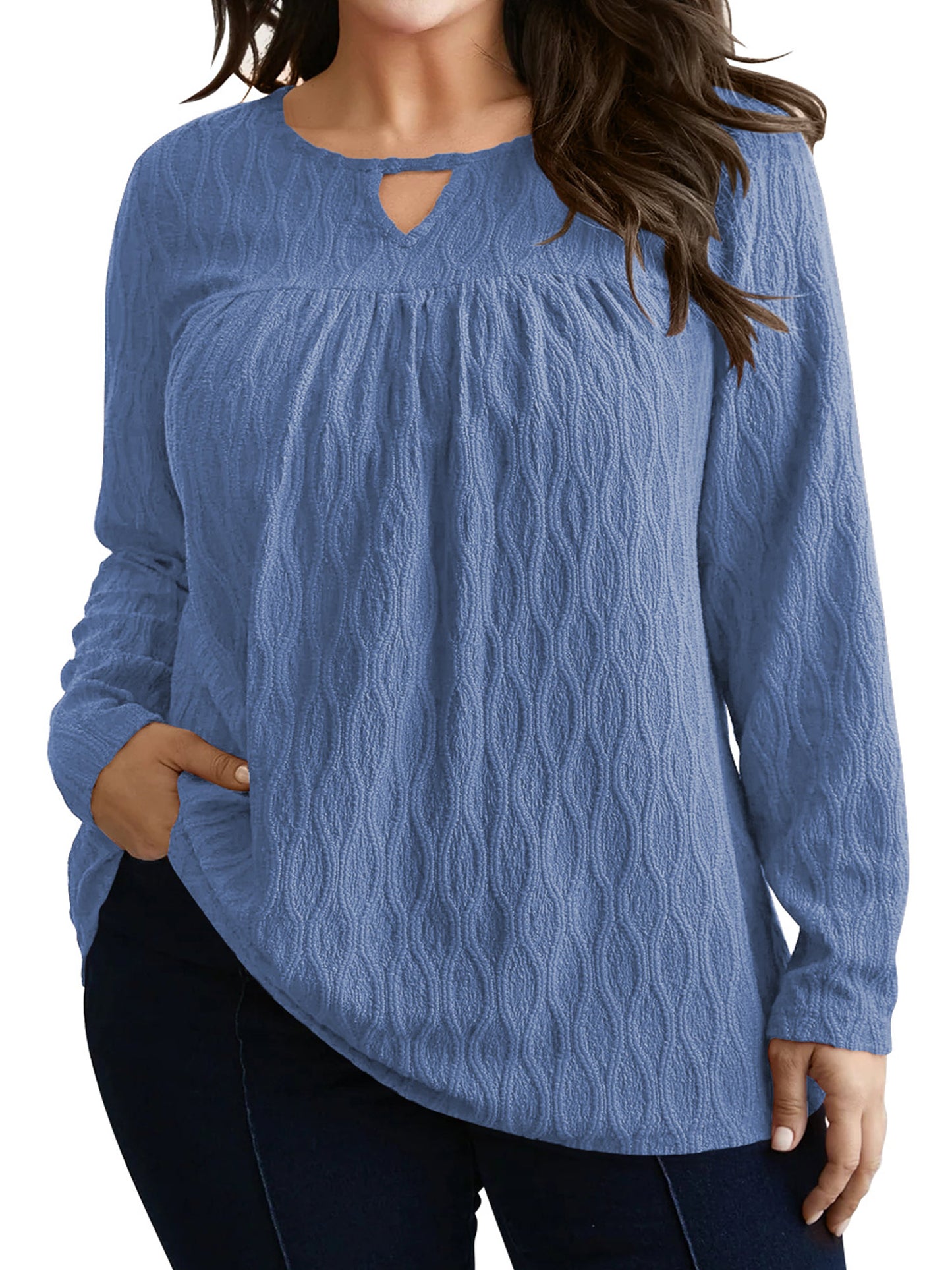 LANREMON Womens Plus Size Tops Long Sleeve Shirts V Neck Textured Keyhole Gathered Knit Tunic Loose Fall Blouses