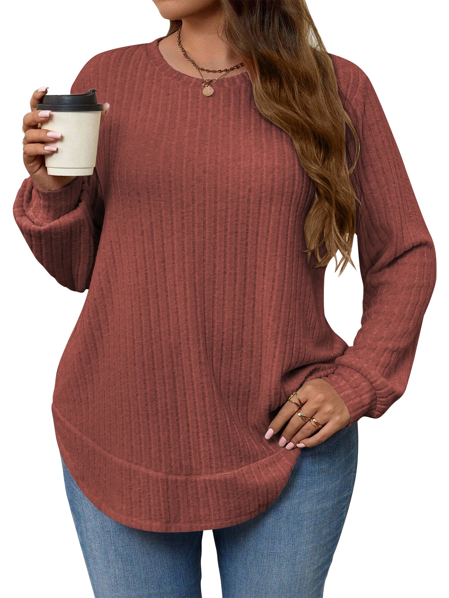LANREMON Women's Plus Size Crewneck Long Sleeve Tops Casual Lightweight Fall Pullover Tunic Sweaters Shirts