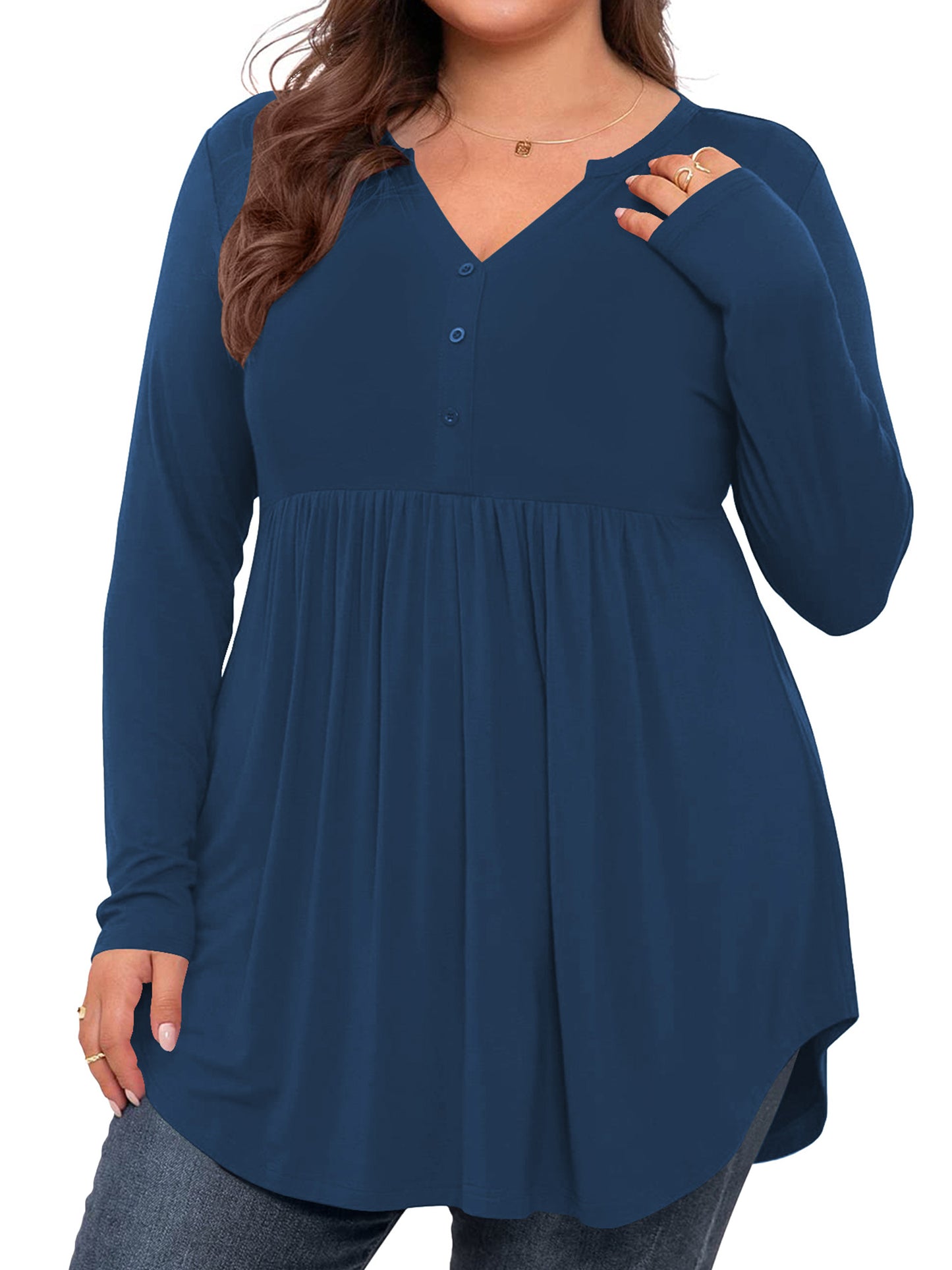 LANREMON Women's Plus Size Henley Shirts V Neck Button Tunic Tops Casual Long Sleeve Swing Flowy Blouse