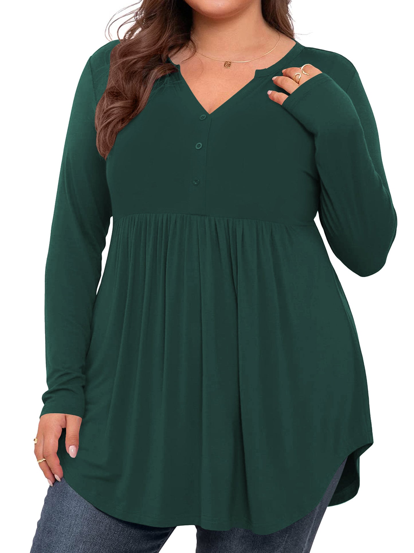 LANREMON Women's Plus Size Henley Shirts V Neck Button Tunic Tops Casual Long Sleeve Swing Flowy Blouse