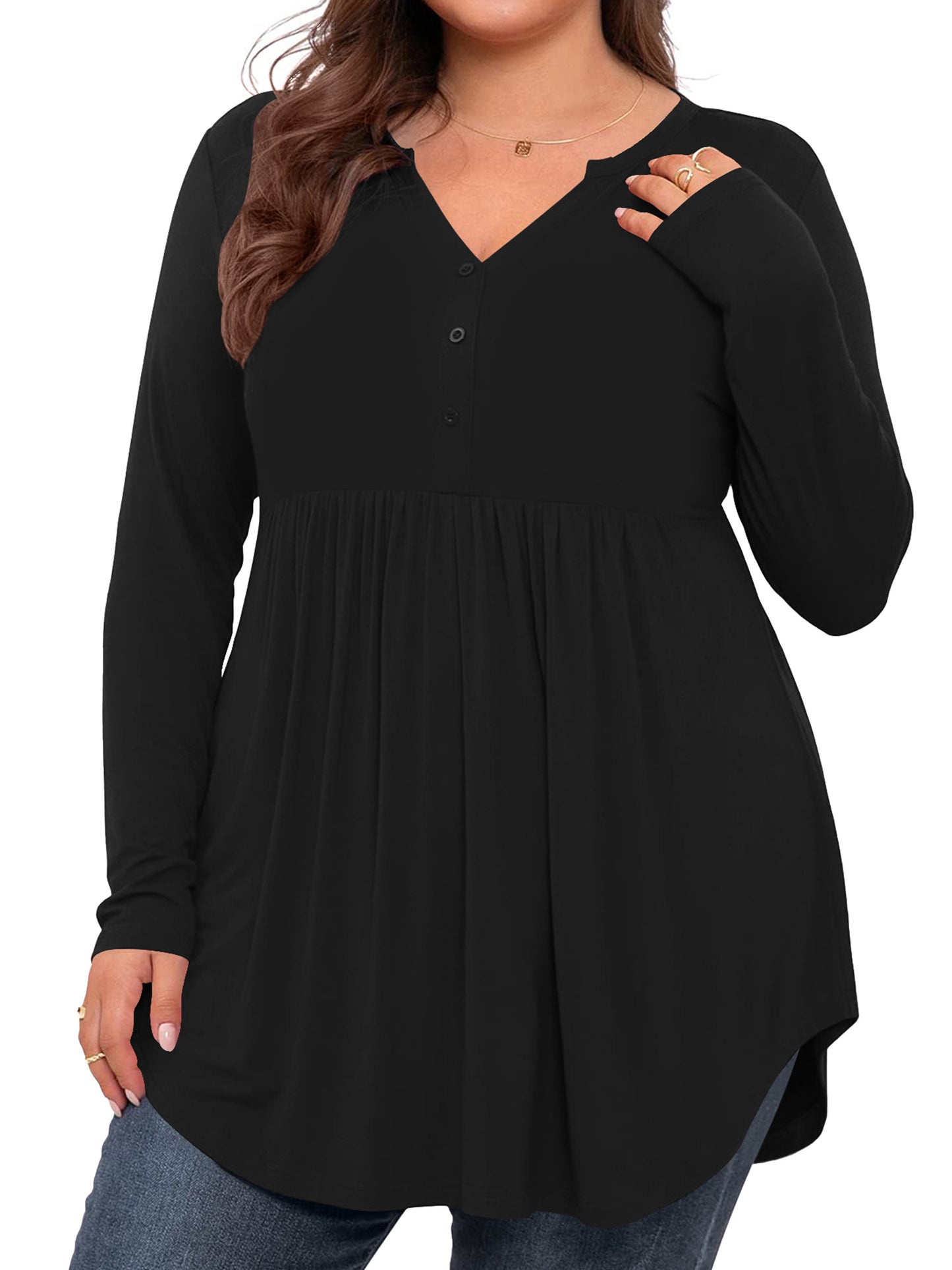 LANREMON Women's Plus Size Henley Shirts V Neck Button Tunic Tops Casual Long Sleeve Swing Flowy Blouse