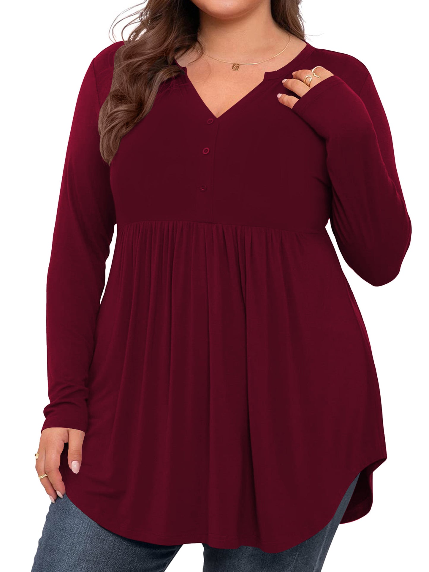 LANREMON Women's Plus Size Henley Shirts V Neck Button Tunic Tops Casual Long Sleeve Swing Flowy Blouse