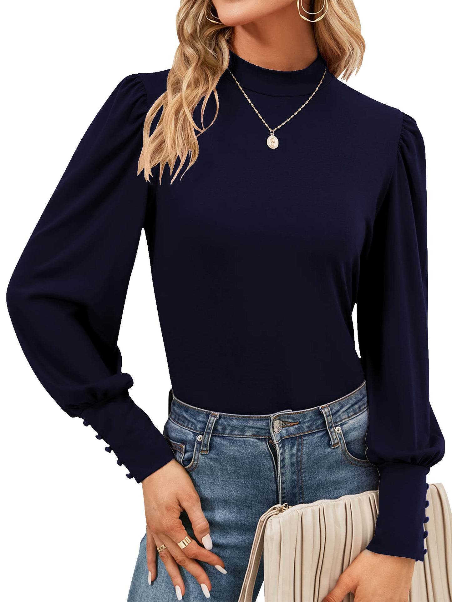 SWQZVT Womens Mock Neck Puff Long Sleeve Tops Casual Loose Solid Basic T Shirt Button Cuffs Pullovers Shirts Blouse