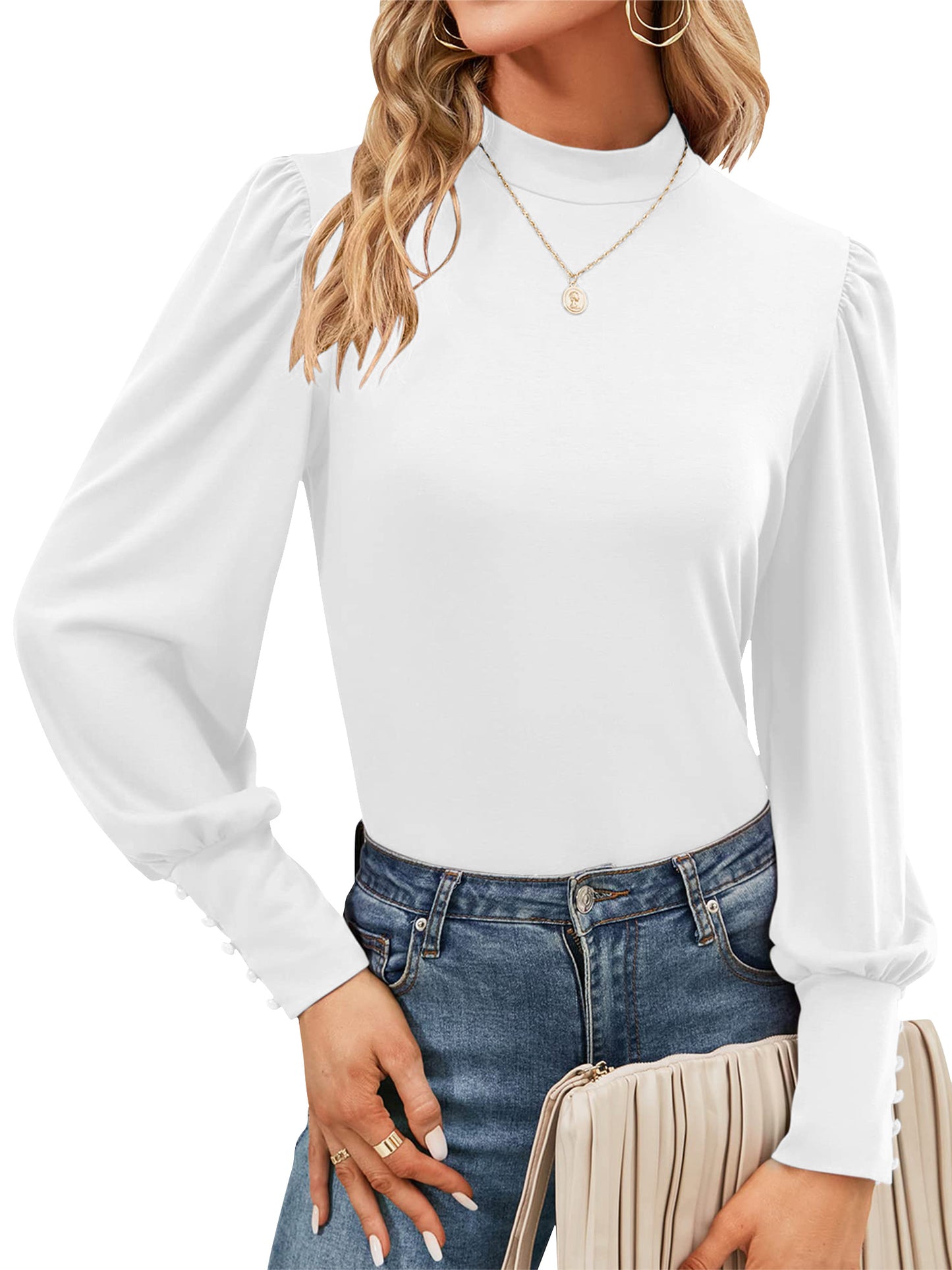 SWQZVT Womens Mock Neck Puff Long Sleeve Tops Casual Loose Solid Basic T Shirt Button Cuffs Pullovers Shirts Blouse