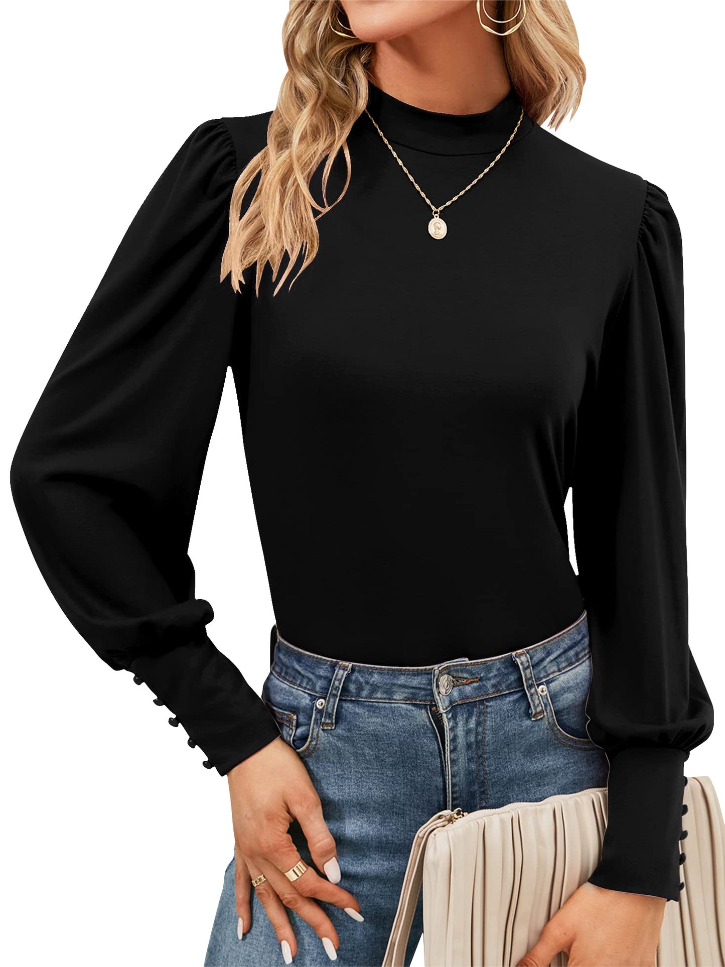 SWQZVT Womens Mock Neck Puff Long Sleeve Tops Casual Loose Solid Basic T Shirt Button Cuffs Pullovers Shirts Blouse