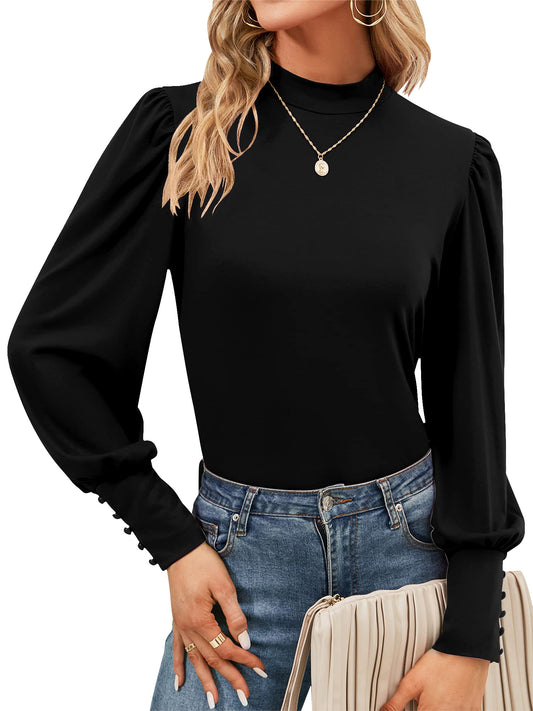 SWQZVT Womens Mock Neck Puff Long Sleeve Tops Casual Loose Solid Basic T Shirt Button Cuffs Pullovers Shirts Blouse