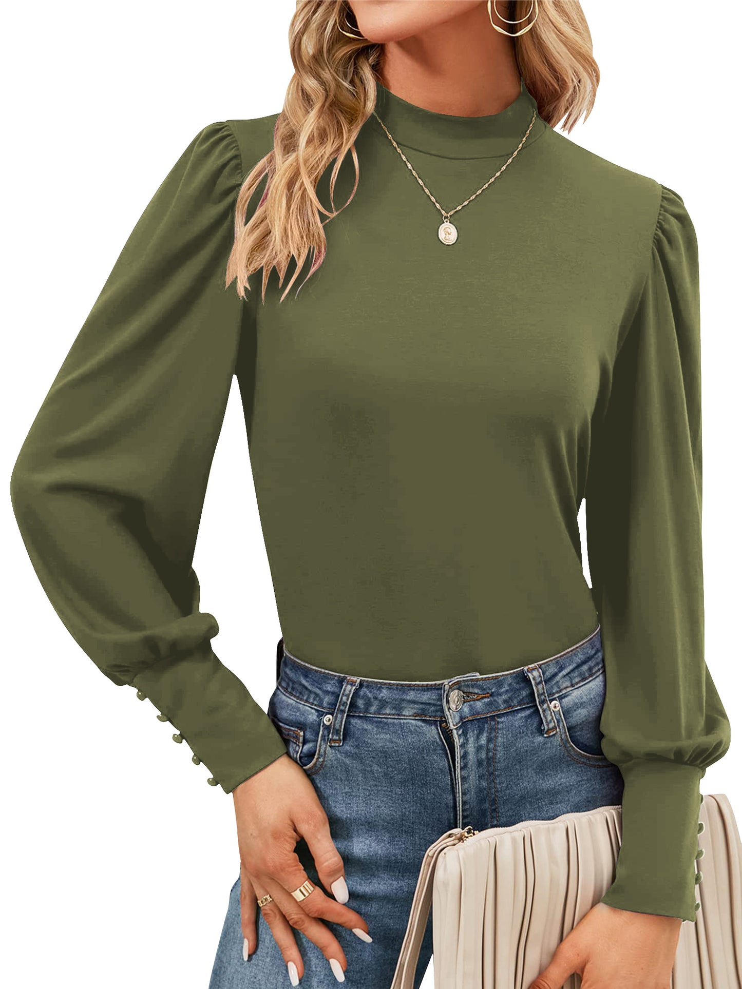 SWQZVT Womens Mock Neck Puff Long Sleeve Tops Casual Loose Solid Basic T Shirt Button Cuffs Pullovers Shirts Blouse