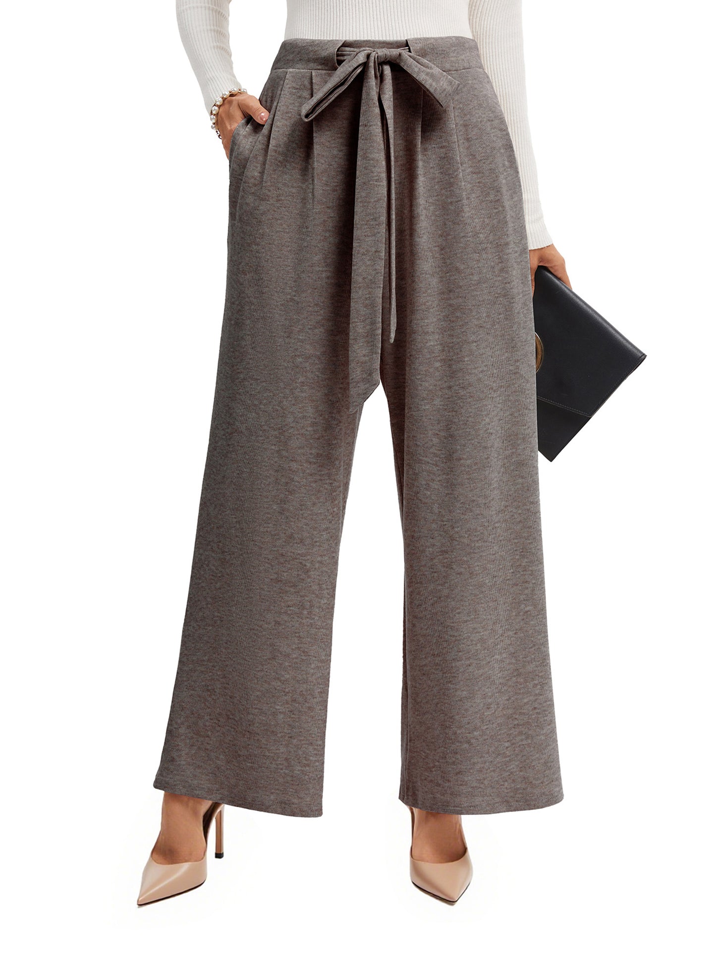 TEMOFON Womens Wide Leg Palazzo Pants with Pockets High Waist Flowy Loose Trousers Adjustable Knot Casual Lounge Pants