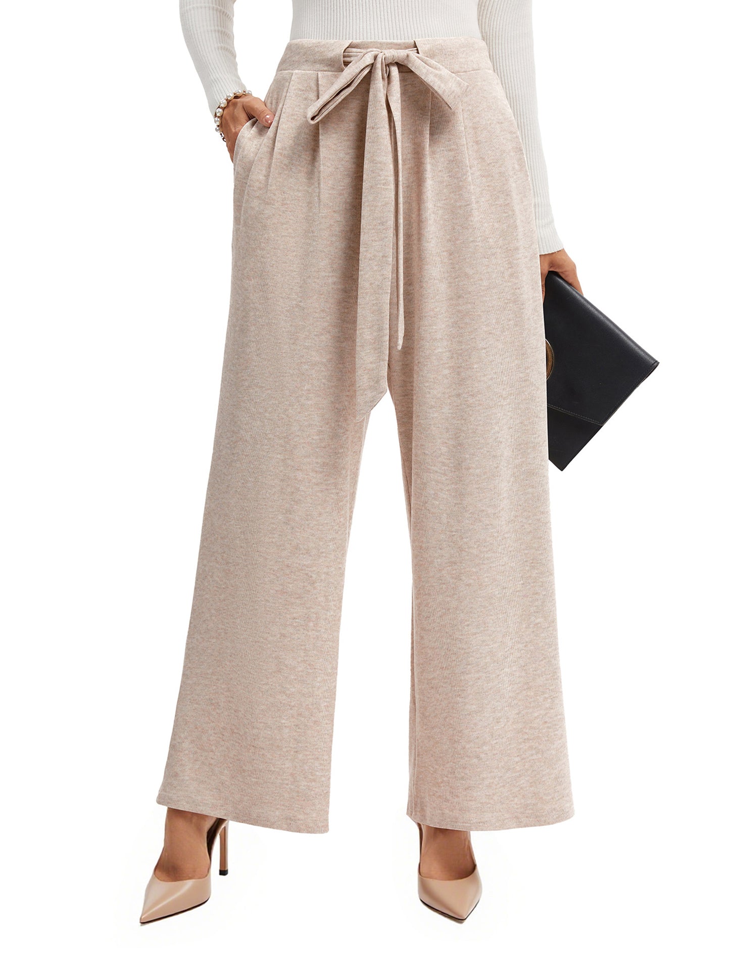 TEMOFON Womens Wide Leg Palazzo Pants with Pockets High Waist Flowy Loose Trousers Adjustable Knot Casual Lounge Pants