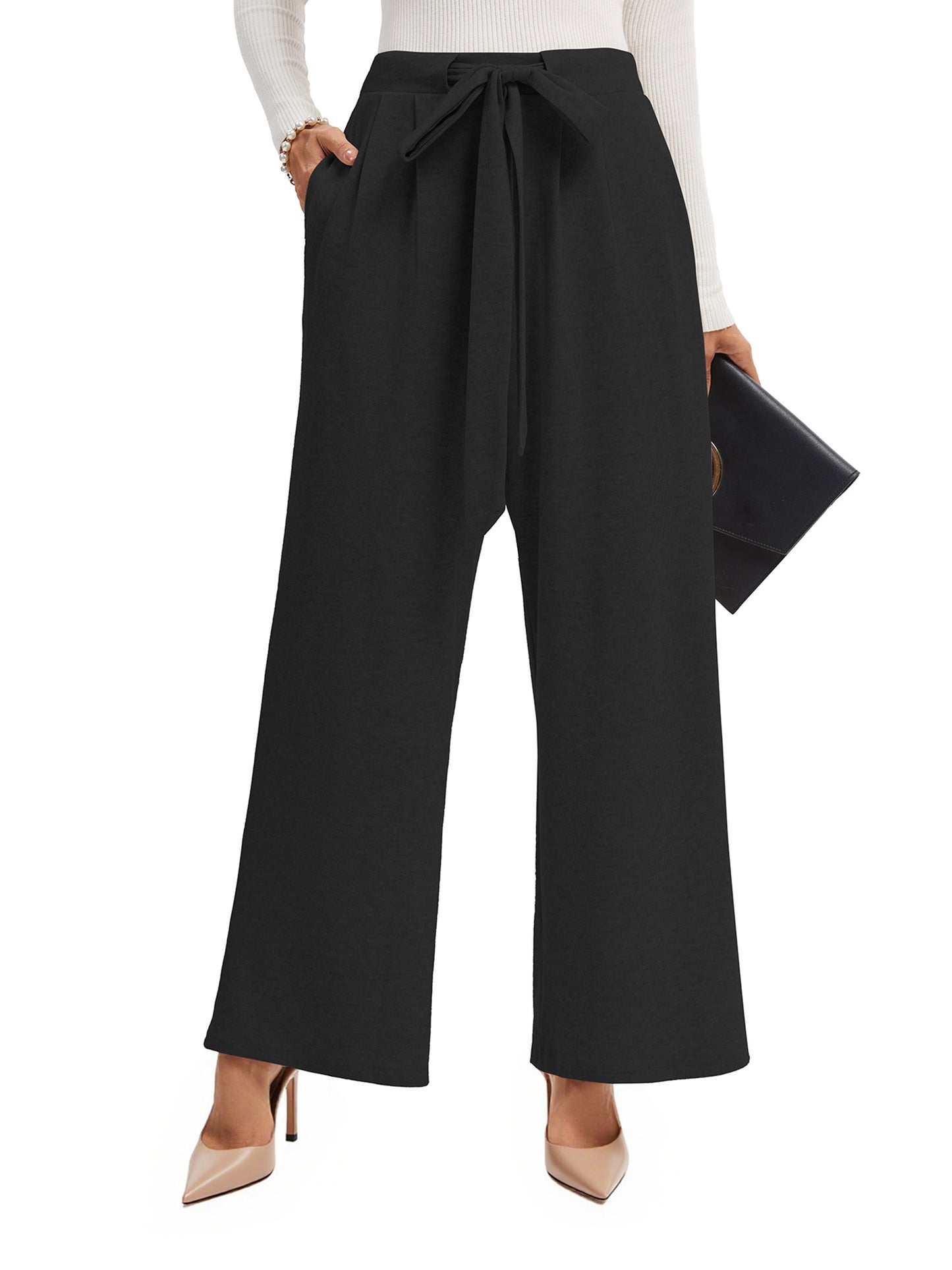 TEMOFON Womens Wide Leg Palazzo Pants with Pockets High Waist Flowy Loose Trousers Adjustable Knot Casual Lounge Pants