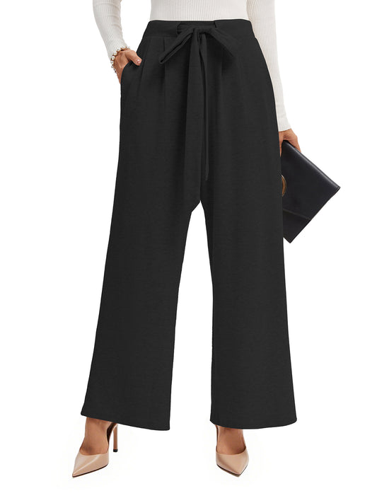 TEMOFON Womens Wide Leg Palazzo Pants with Pockets High Waist Flowy Loose Trousers Adjustable Knot Casual Lounge Pants
