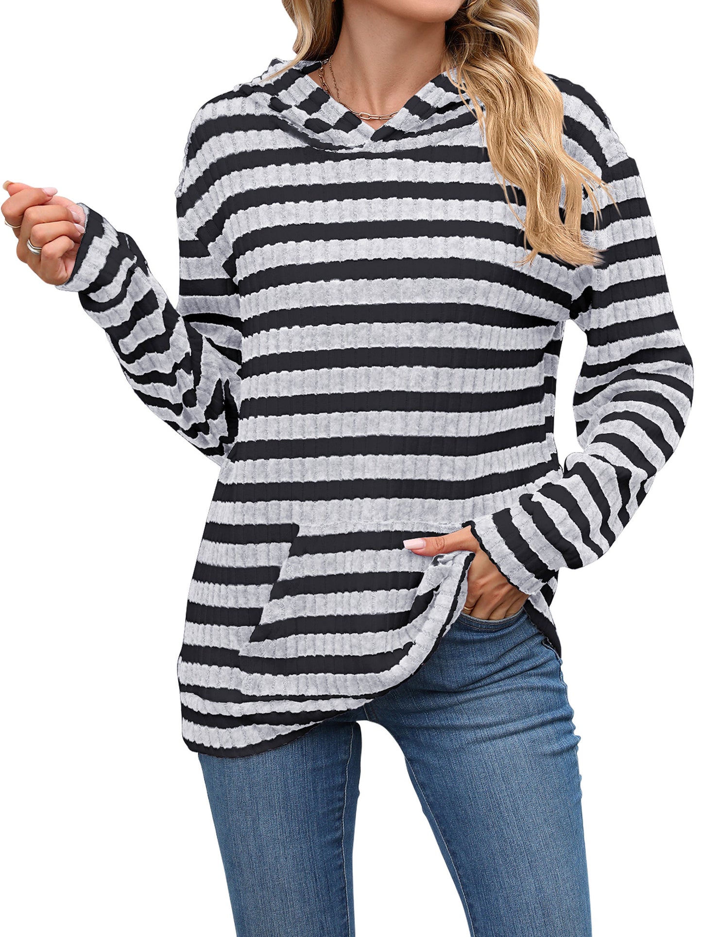 TEMOFON Women's Hoodies with Pockets Long Sleeve Pullover Sweatshirts Casual Fall Winter Striped Hoodie Tops
