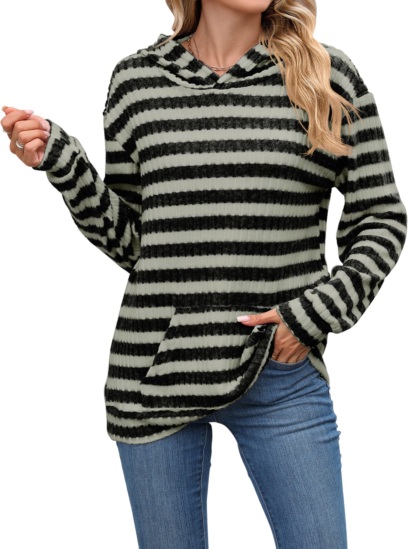 TEMOFON Women's Hoodies with Pockets Long Sleeve Pullover Sweatshirts Casual Fall Winter Striped Hoodie Tops