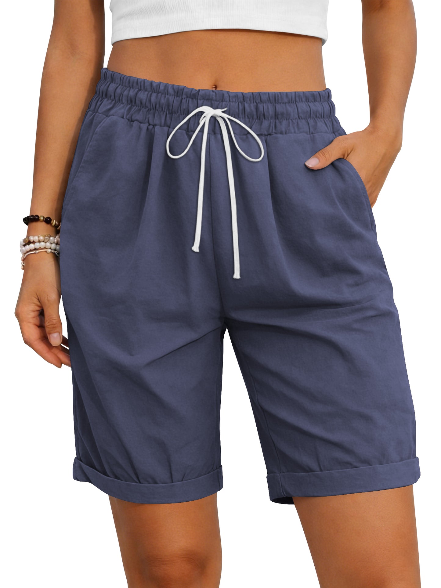 TEMOFON Womens Shorts Summer Casual Elastic Waist Drawstring Shorts with Pockets Knee Length Bermuda Shorts for Women