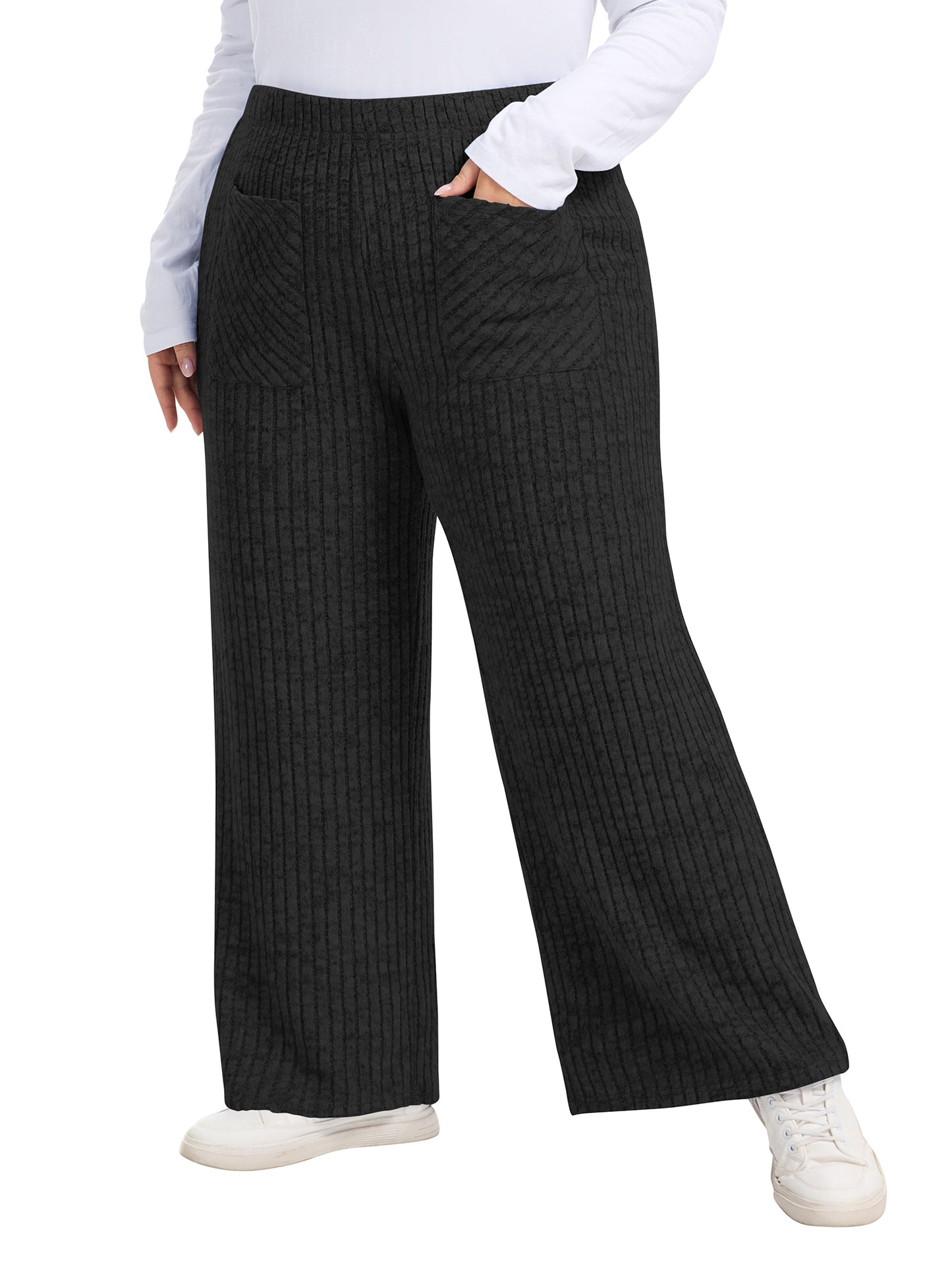 LANREMON Womens Plus Size Ribbed Loose Wide Leg Pants with Pockets Casual Lounge Pants High Waisted Palazzo Trousers
