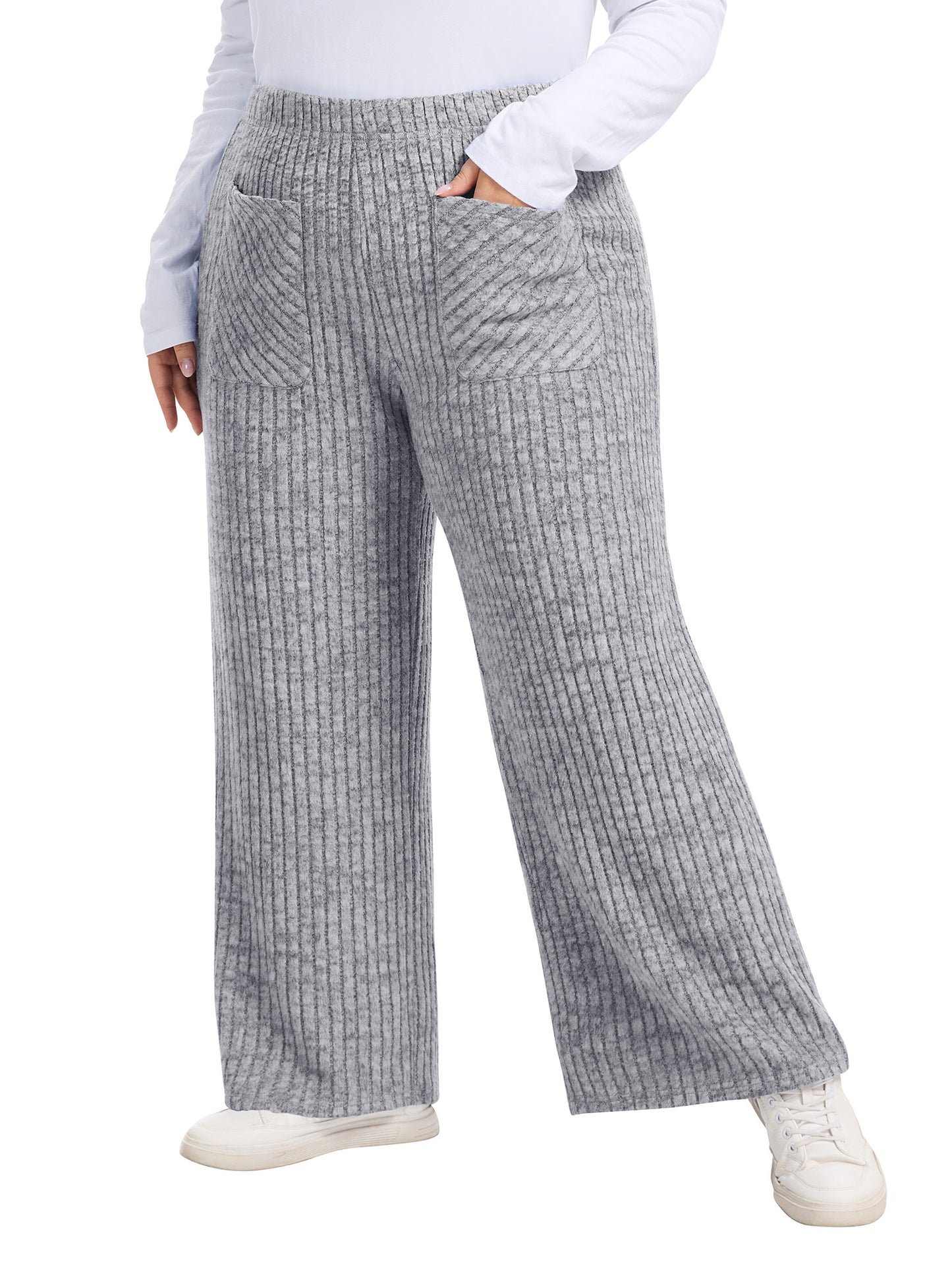 LANREMON Womens Plus Size Ribbed Loose Wide Leg Pants with Pockets Casual Lounge Pants High Waisted Palazzo Trousers