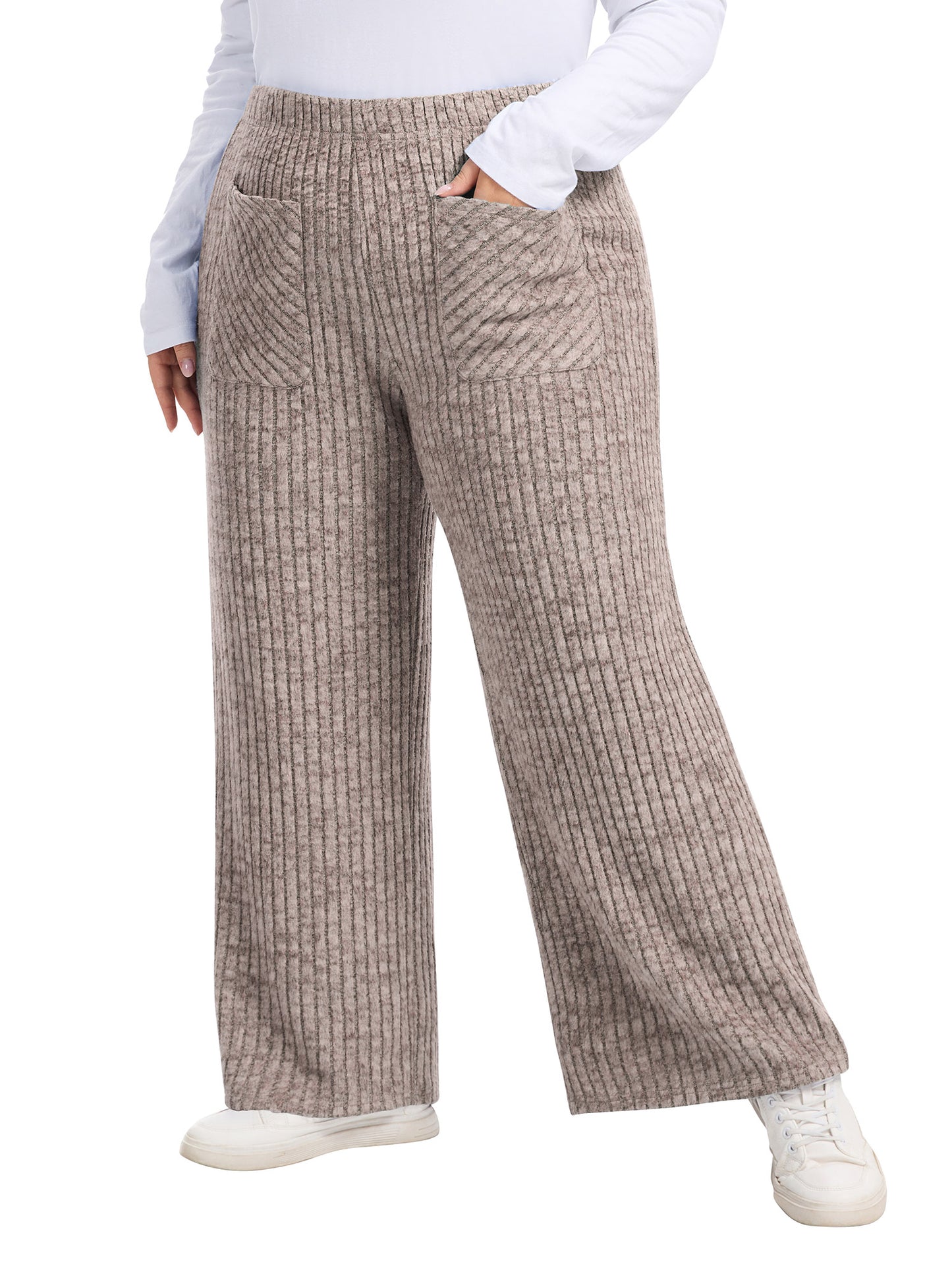 LANREMON Womens Plus Size Ribbed Loose Wide Leg Pants with Pockets Casual Lounge Pants High Waisted Palazzo Trousers