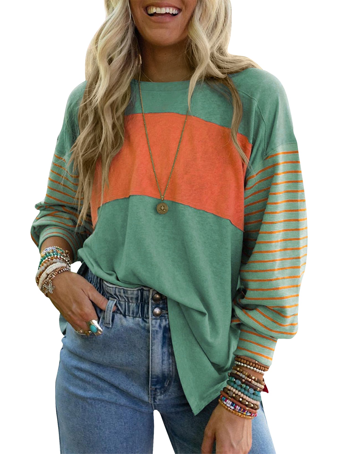SWQZVT Long Sleeve Tops Oversized Round Crew Neck Casual Color Block Womens Shirts Blouses
