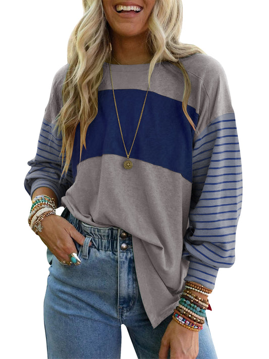 SWQZVT Long Sleeve Tops Oversized Round Crew Neck Casual Color Block Womens Shirts Blouses