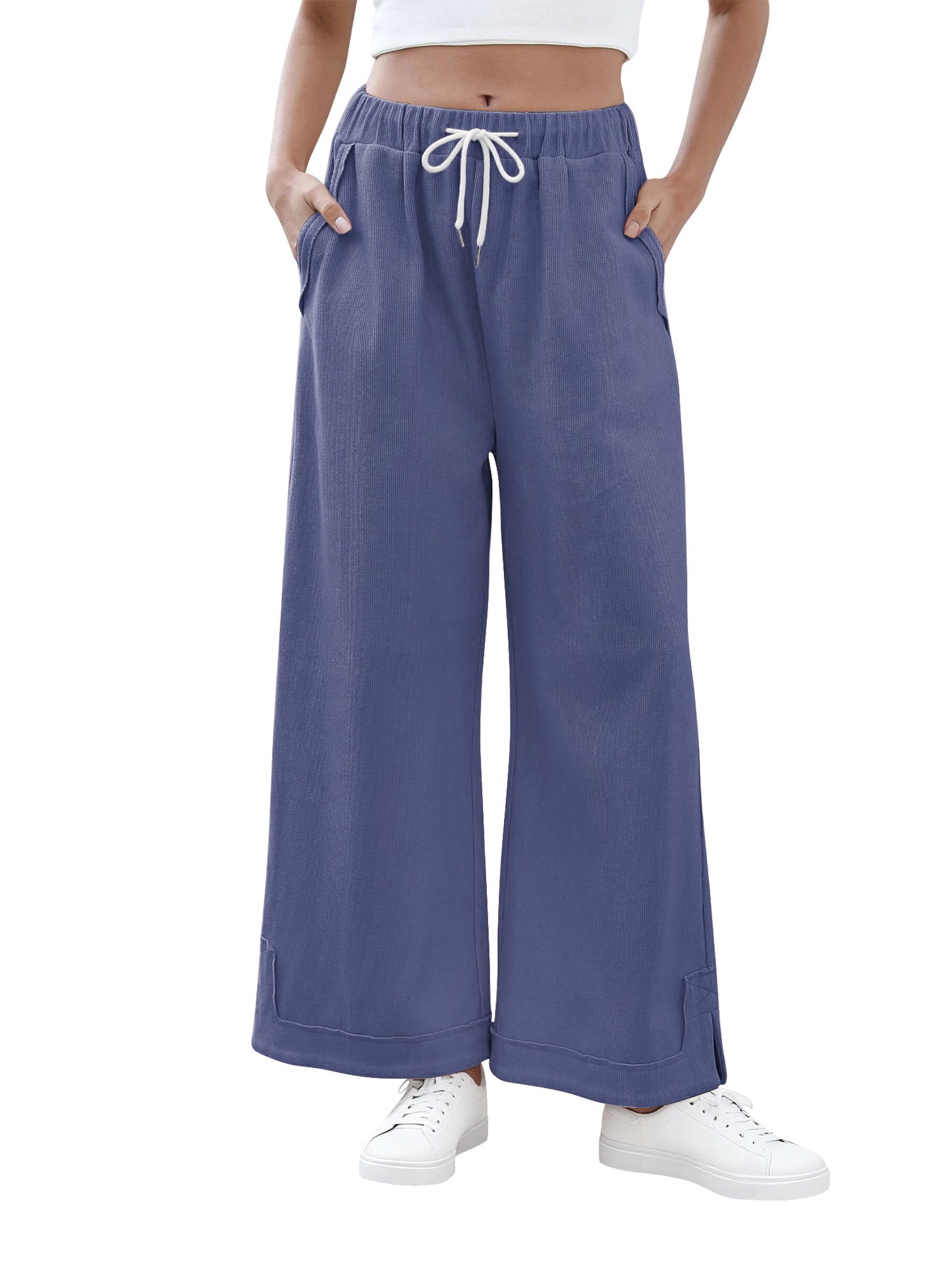 TEMOFON Womens Baggy Wide Leg Palazzo Pants Fall Casual Loose Drawstring Elastic Waisted Lounge Trousers with Pockets